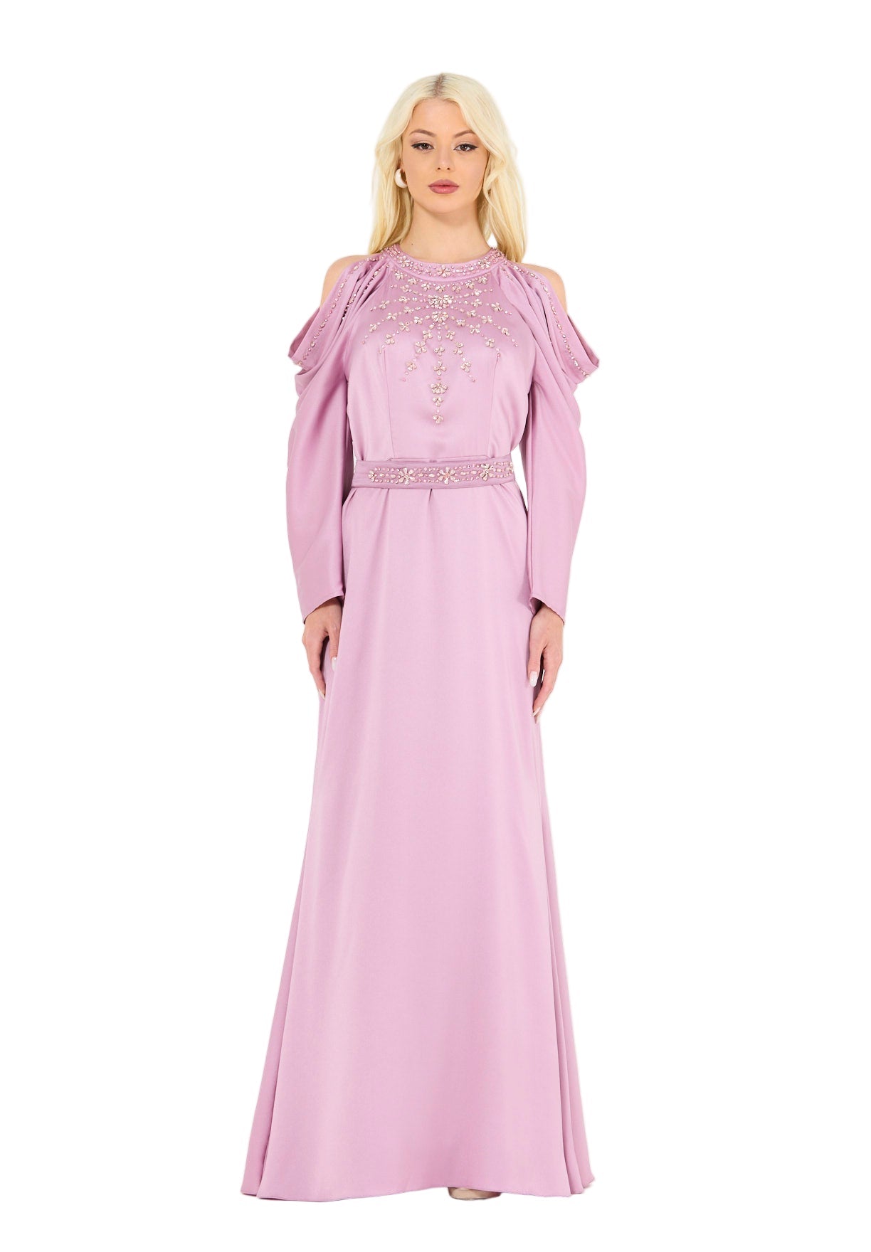 Dramatic Draped Sleeves Embellished Gown