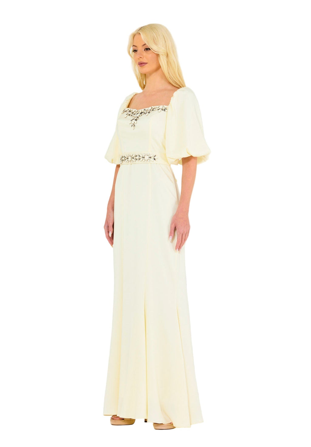 Ivory Embellished Puff Sleeves Gown