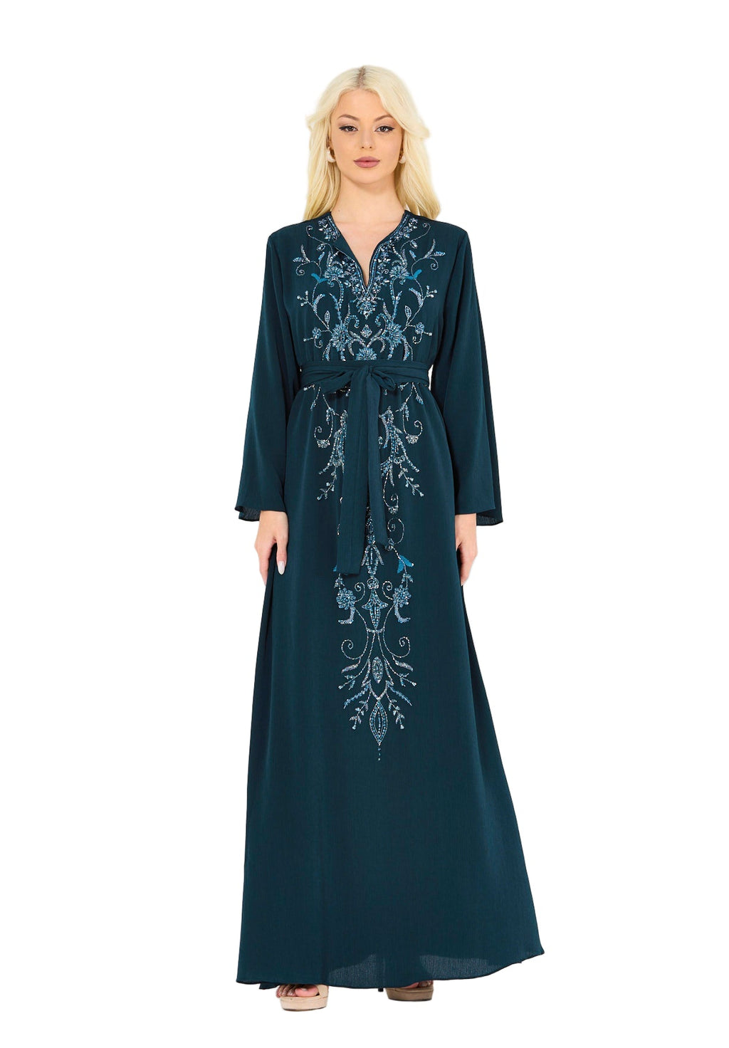 Abstract Floral Embellished Belted Gown