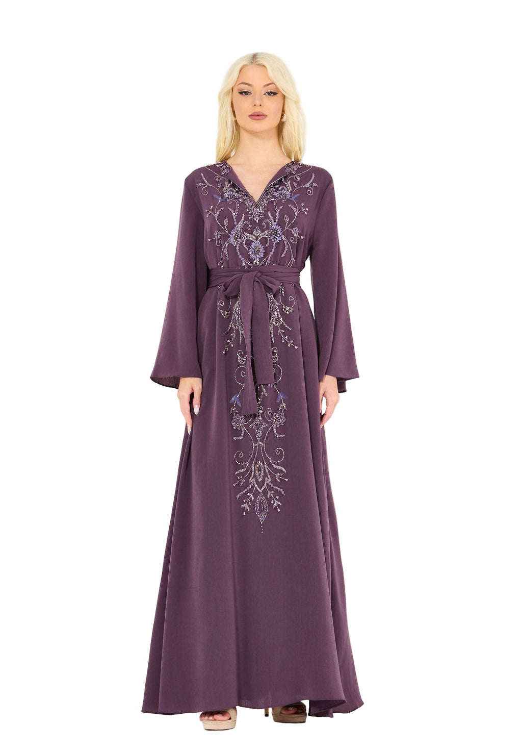 Abstract Floral Embellished Belted Gown