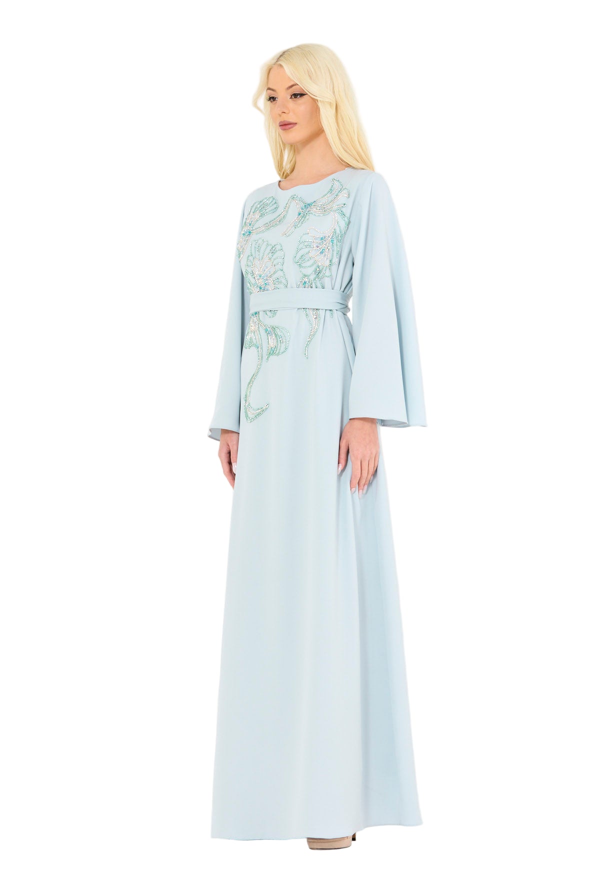 Sequin & Bead Embellished Floral Pattern Gown