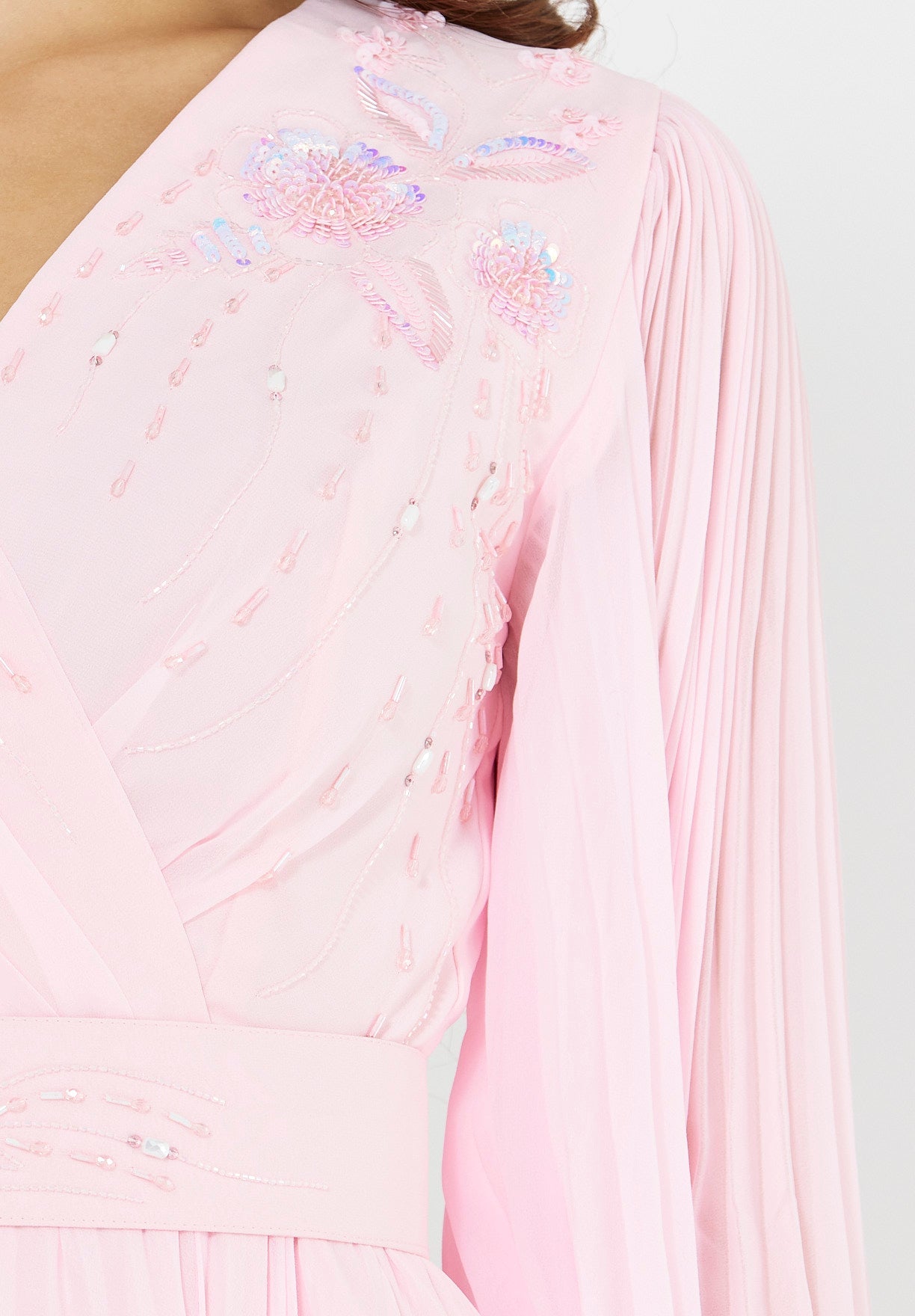 Pleated Bead Embellished Flowy Dress