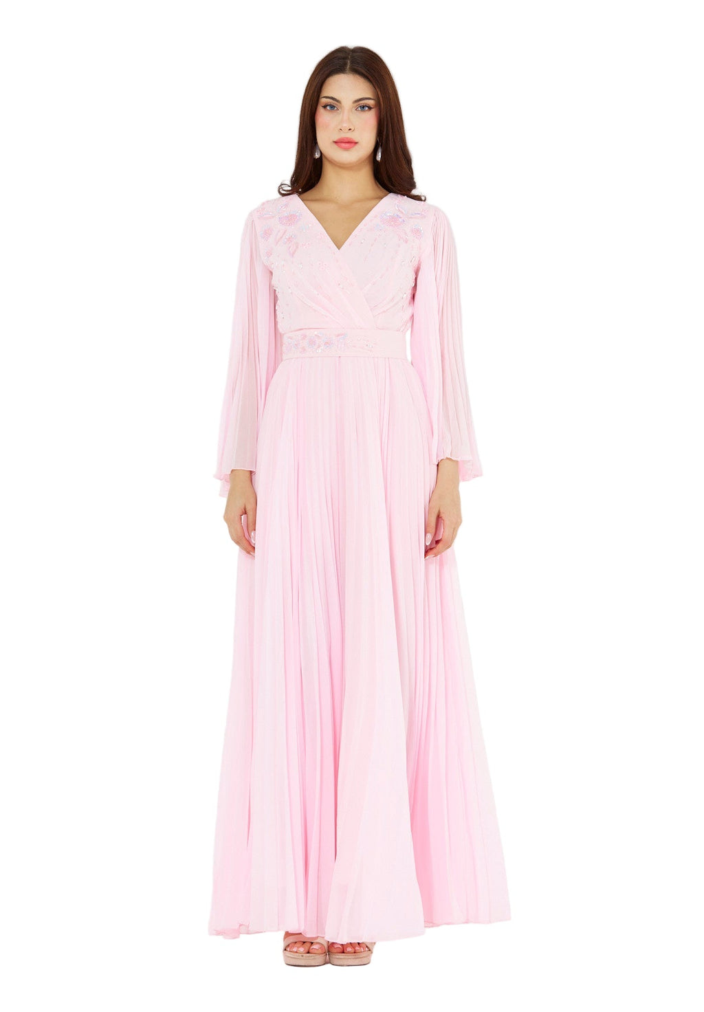 Pleated Bead Embellished Flowy Dress