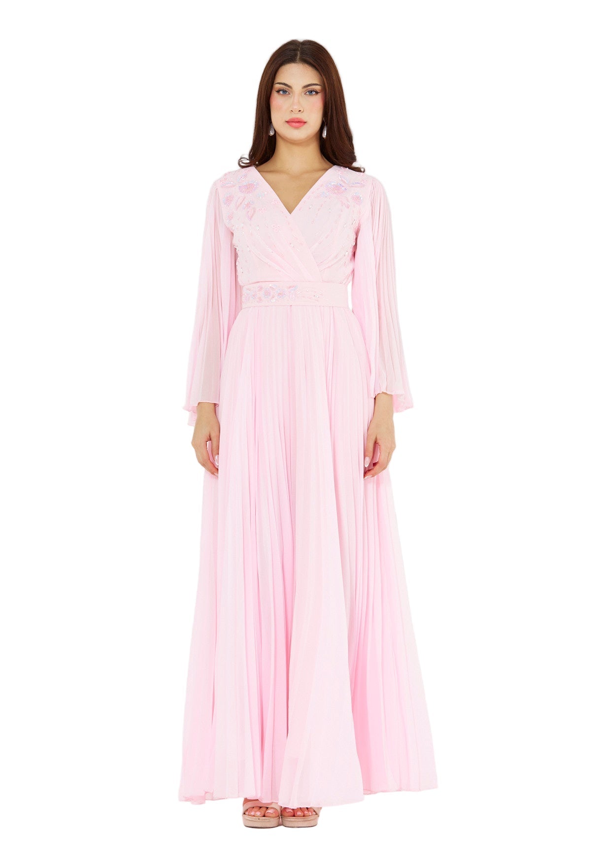 Pleated Bead Embellished Flowy Dress
