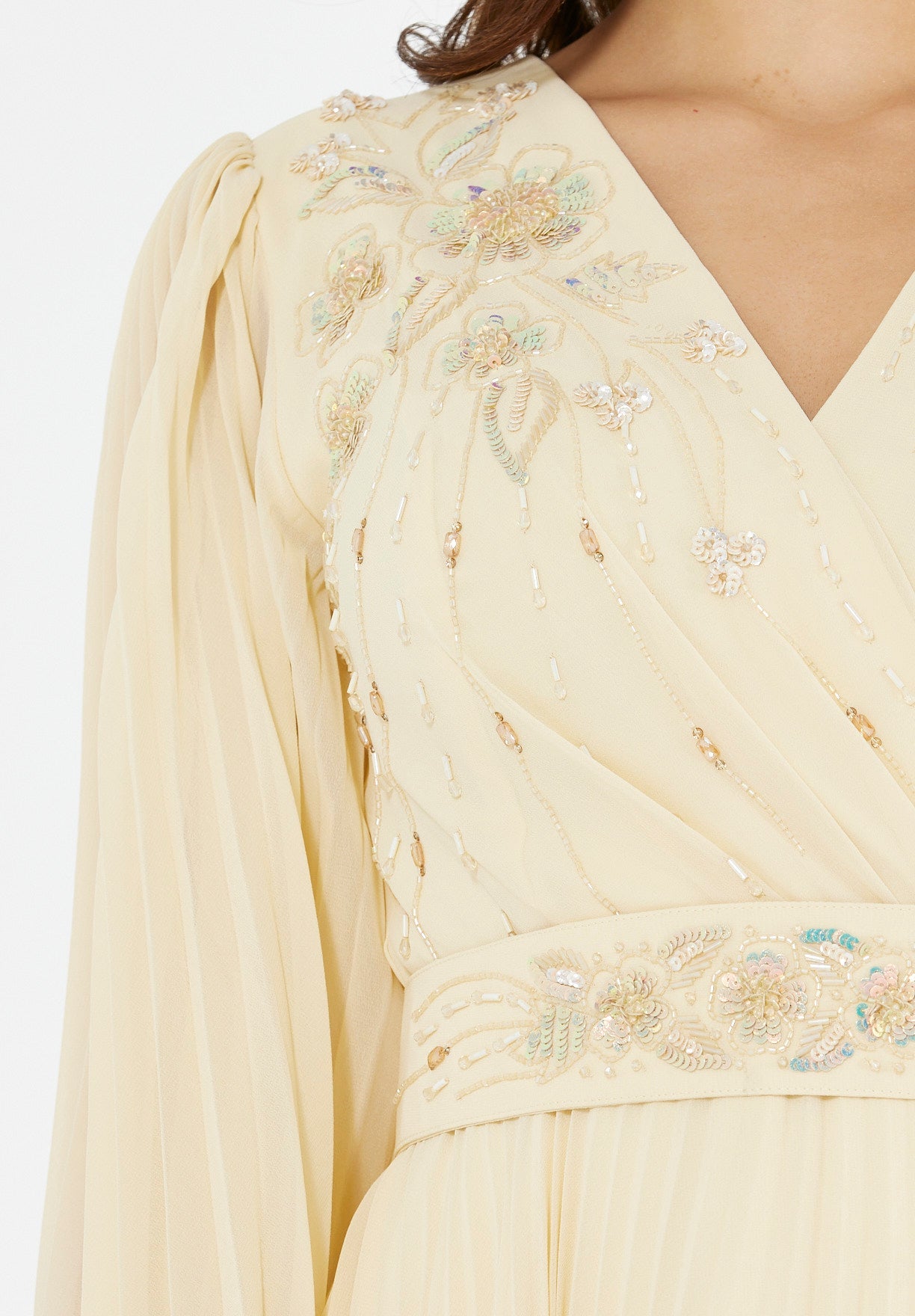 Pleated Bead Embellished Flowy Dress