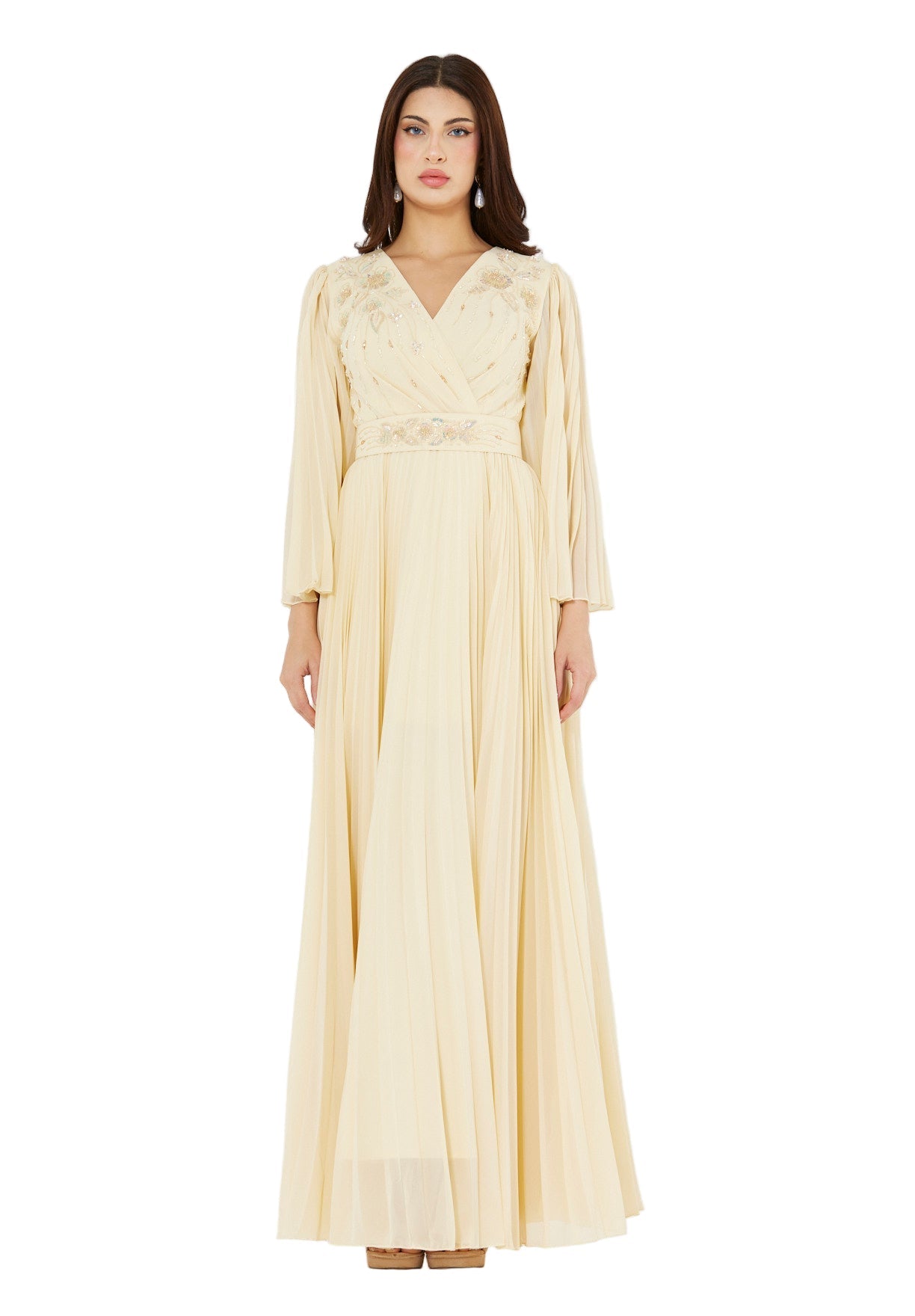 Pleated Bead Embellished Flowy Dress
