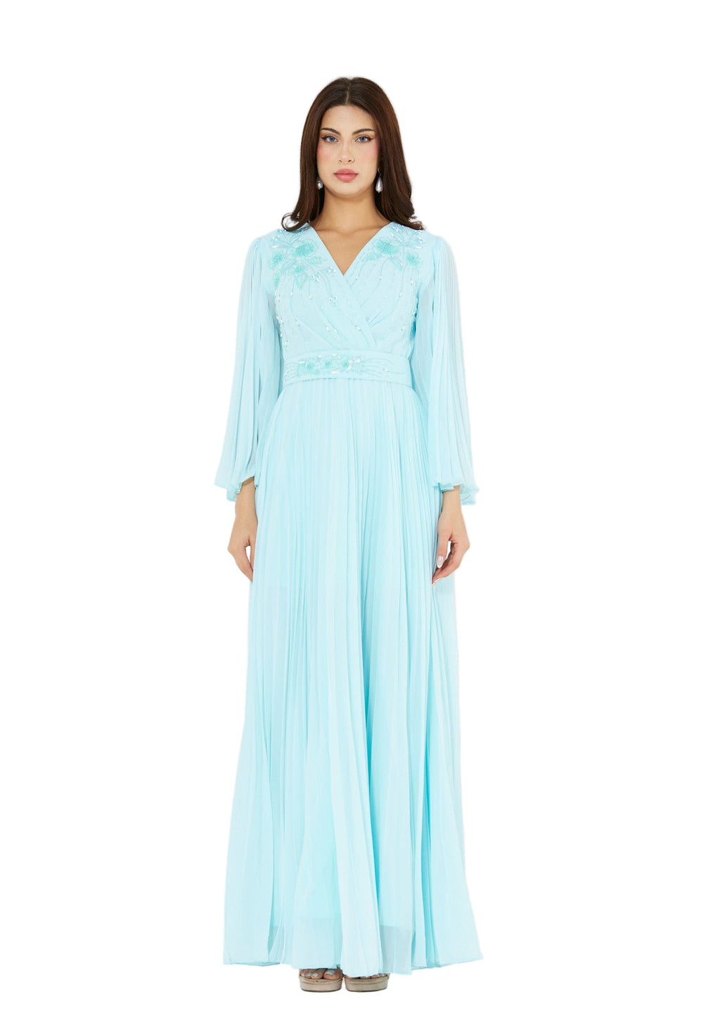 Pleated Bead Embellished Flowy Dress