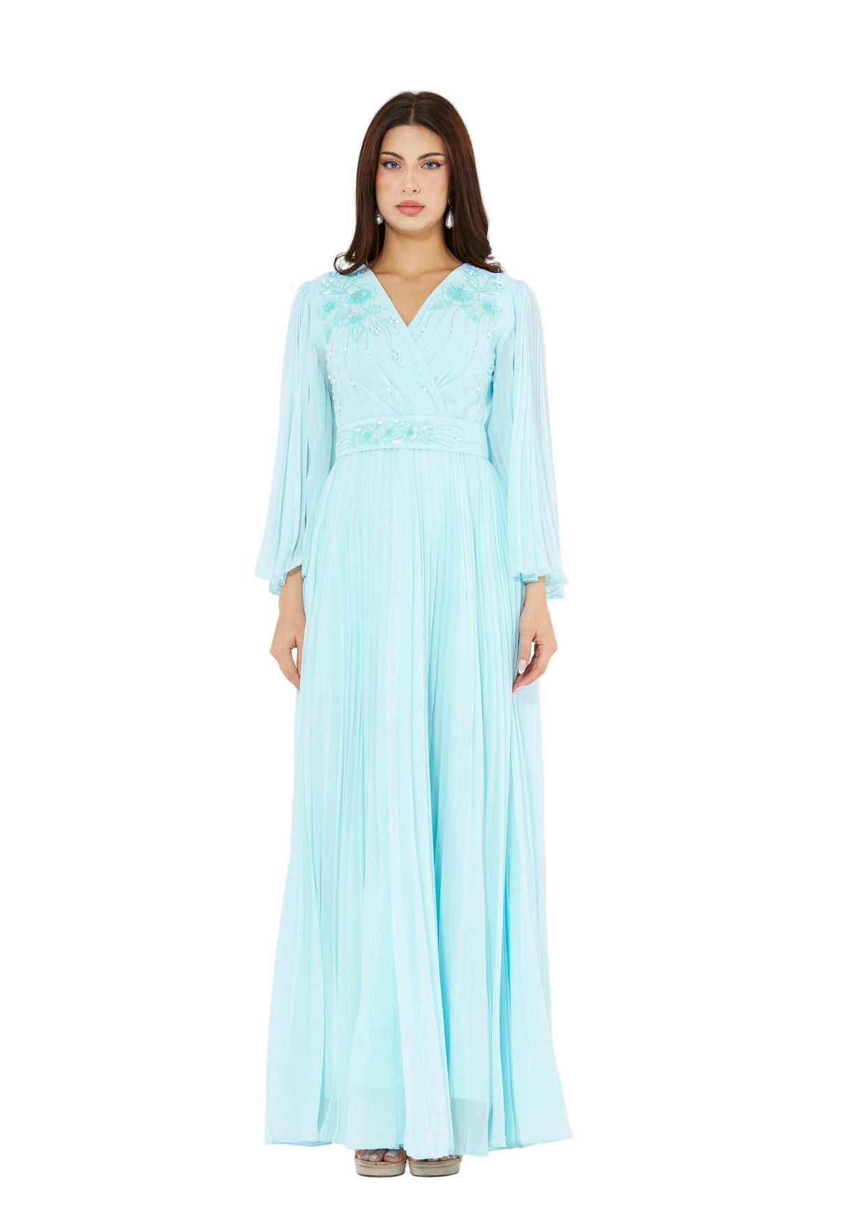 Pleated Bead Embellished Flowy Dress