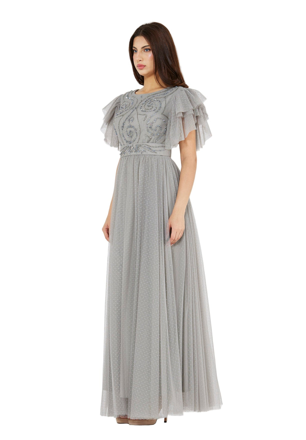 Layered Dotted Tulle Sleeve Embroidered Gown