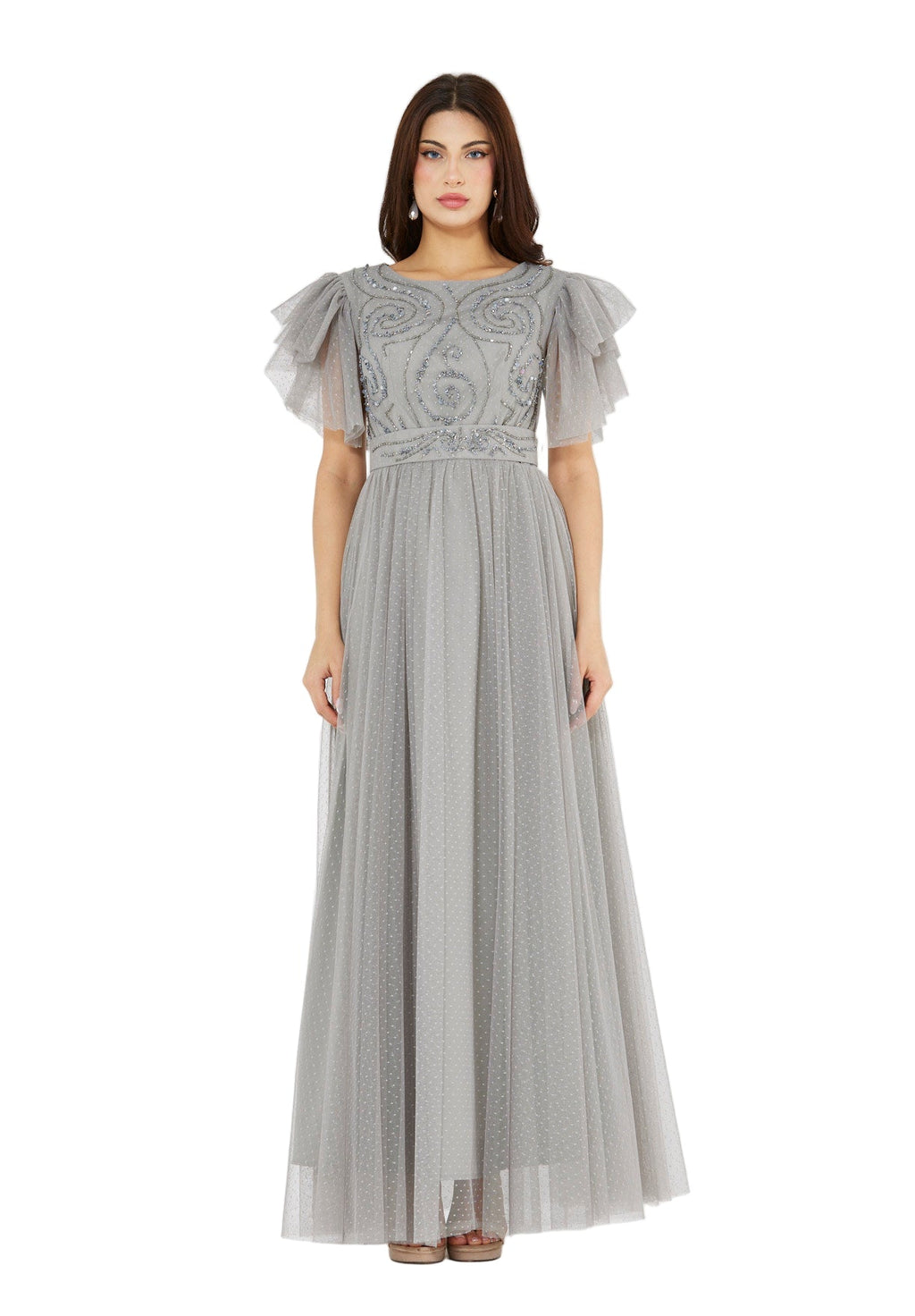 Layered Dotted Tulle Sleeve Embroidered Gown