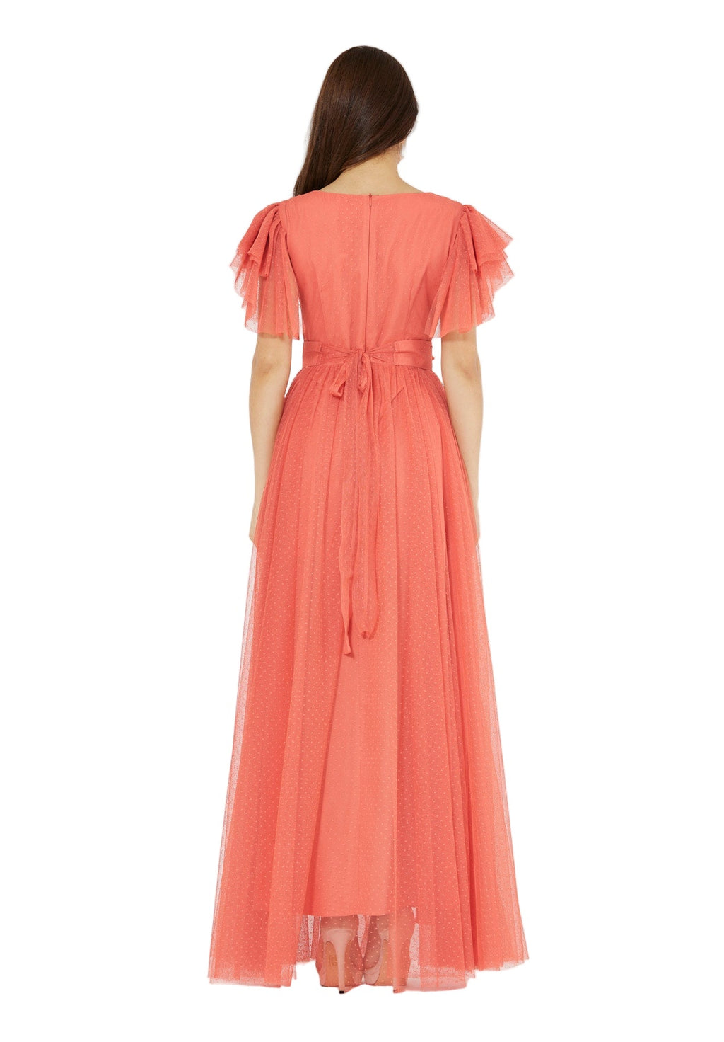 Layered Dotted Tulle Sleeve Embroidered Gown