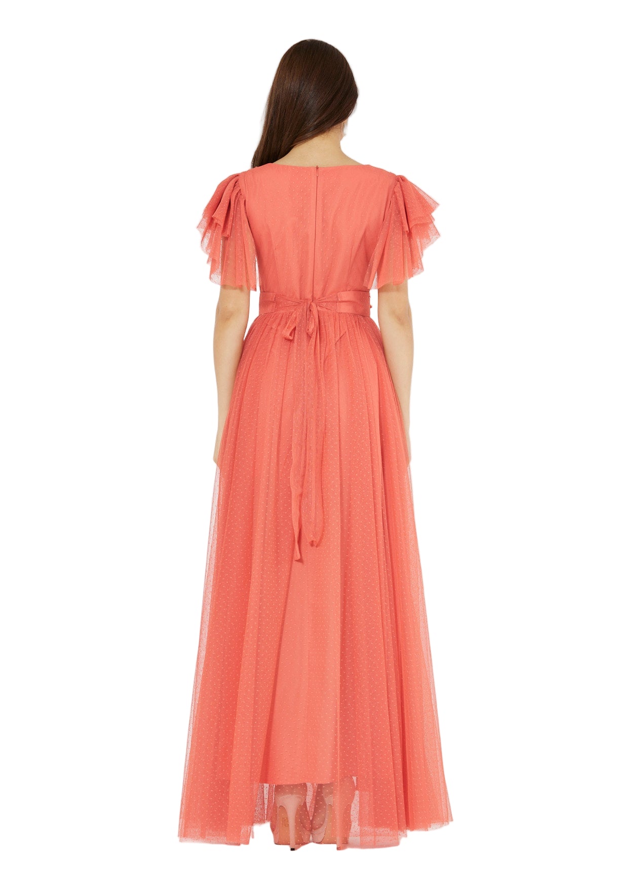 Layered Dotted Tulle Sleeve Embroidered Gown