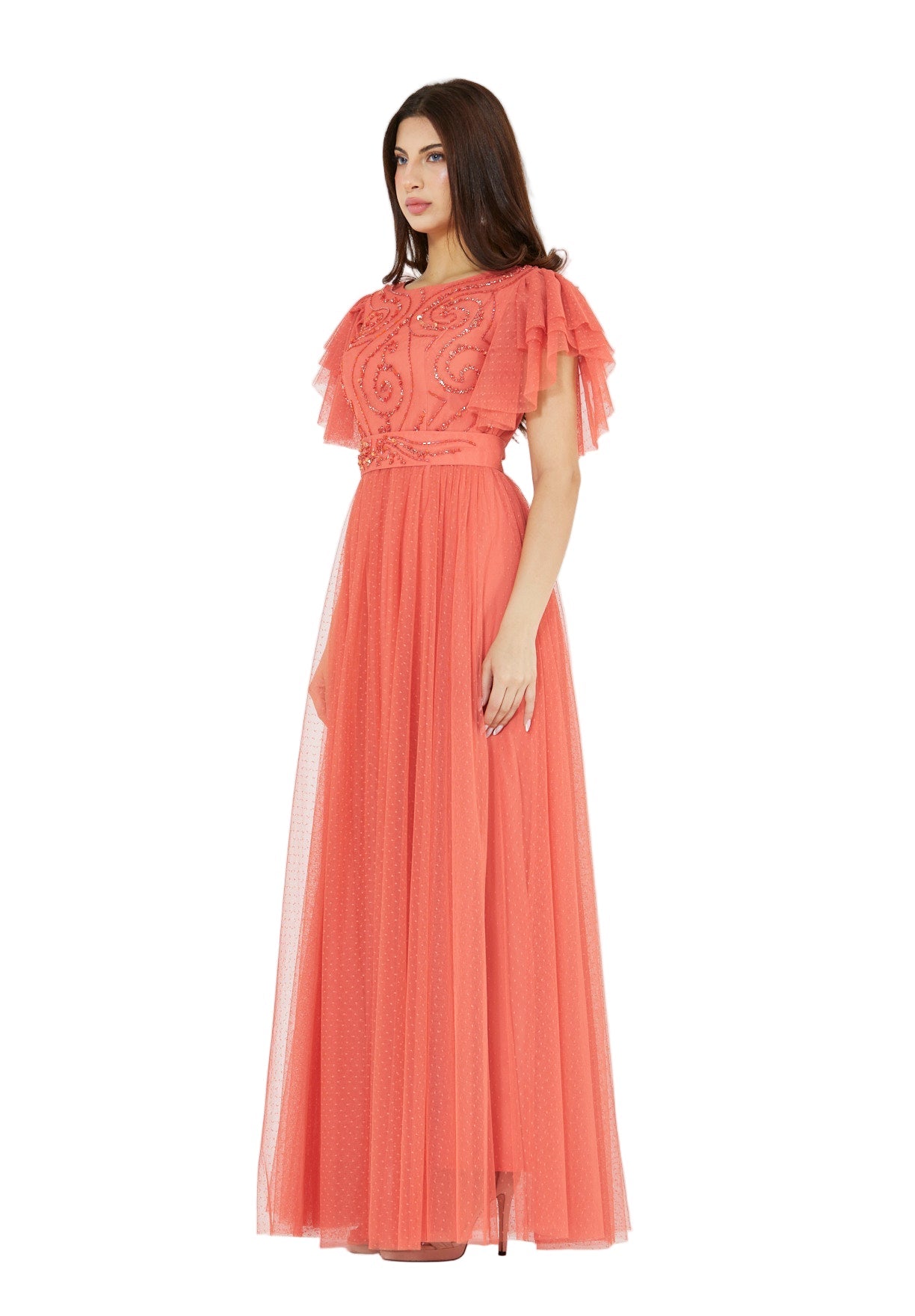 Layered Dotted Tulle Sleeve Embroidered Gown