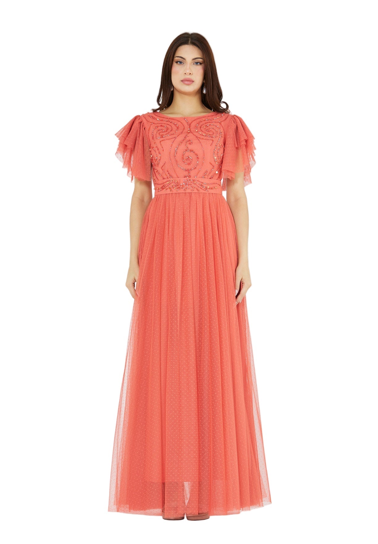 Layered Dotted Tulle Sleeve Embroidered Gown