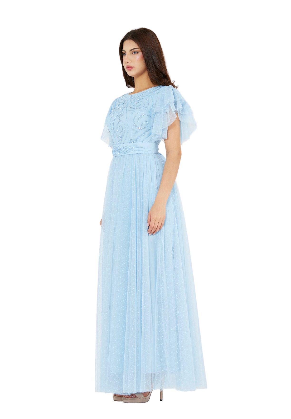 Layered Dotted Tulle Sleeve Embroidered Gown