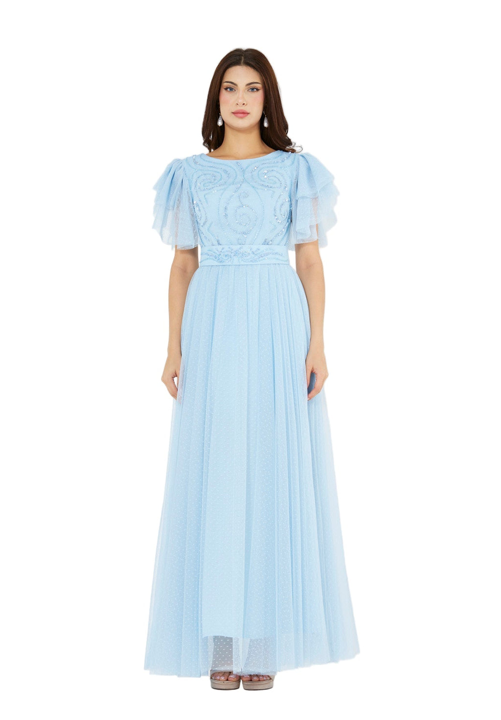 Layered Dotted Tulle Sleeve Embroidered Gown