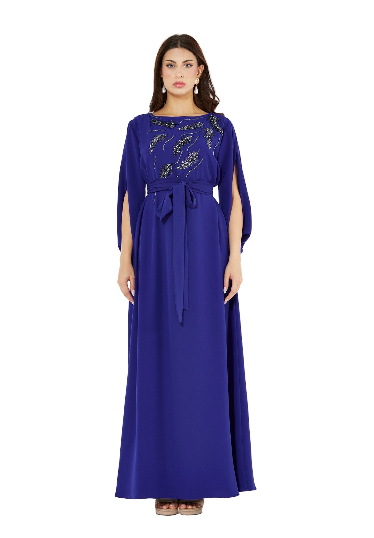 Winged Cape Gown with Sequin Embroidery