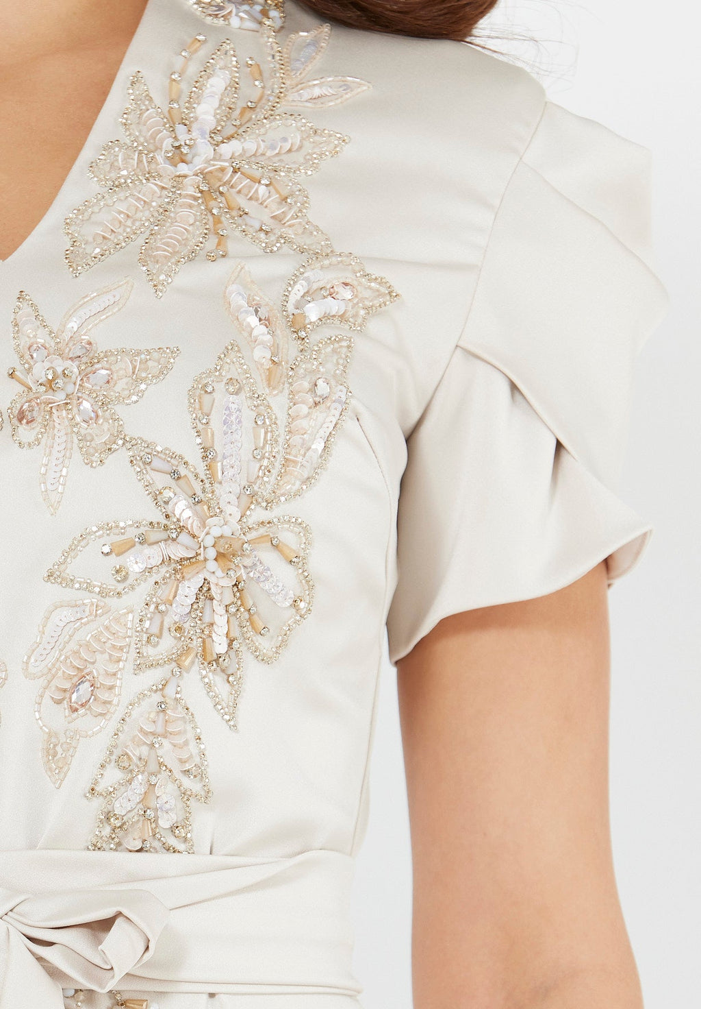 Floral Motif Embellished Satin Dress