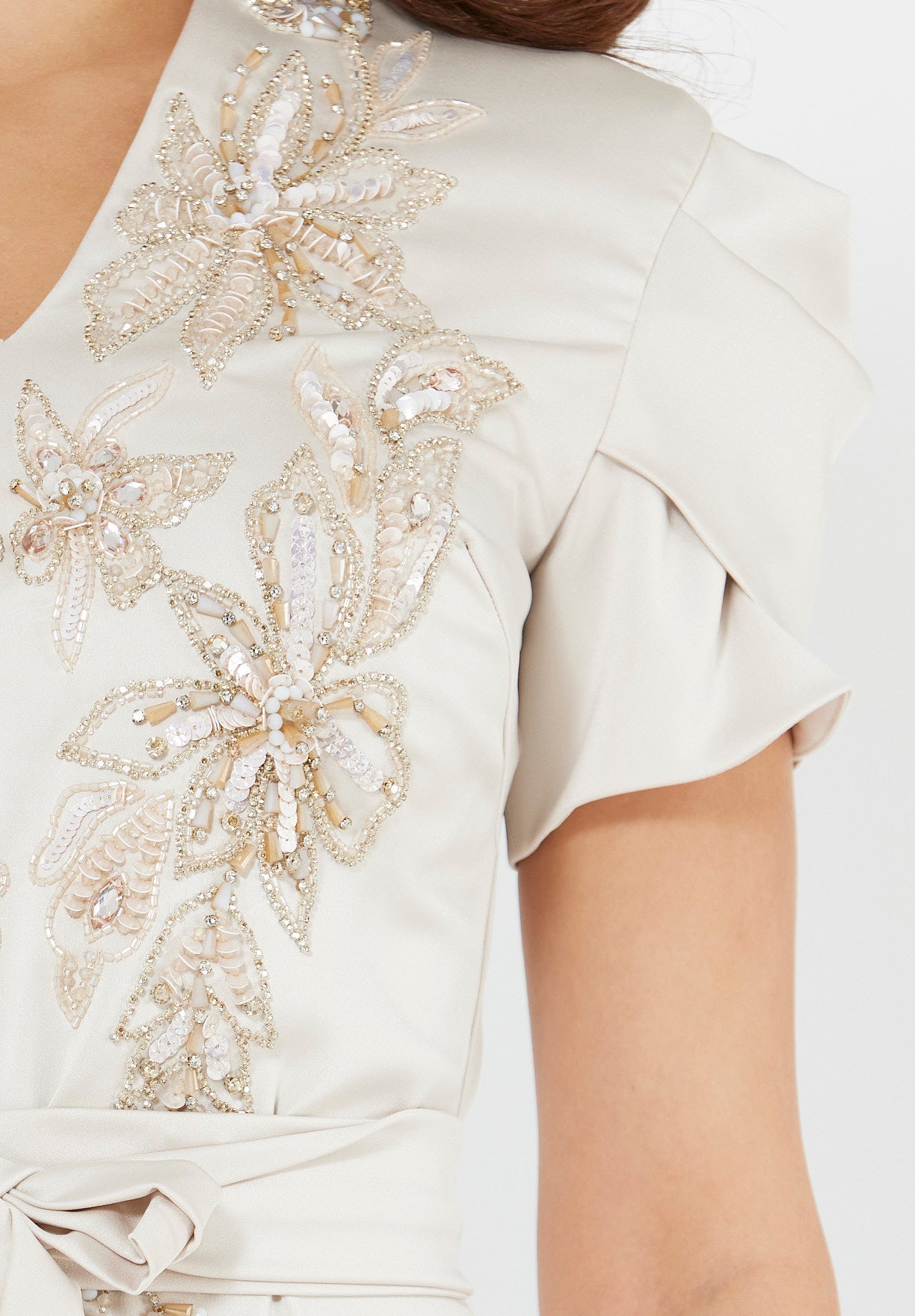 Floral Motif Embellished Satin Dress