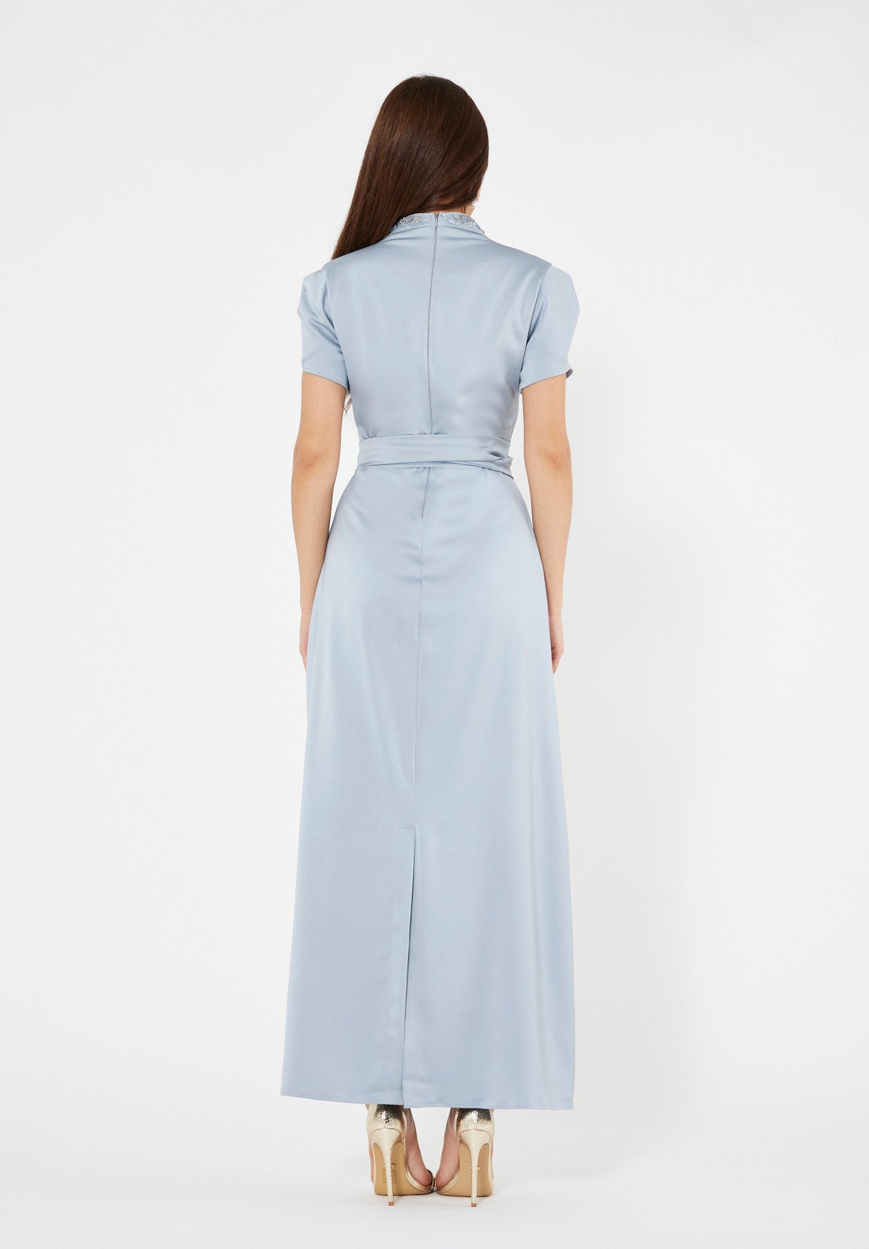 Floral Motif Embellished Satin Dress