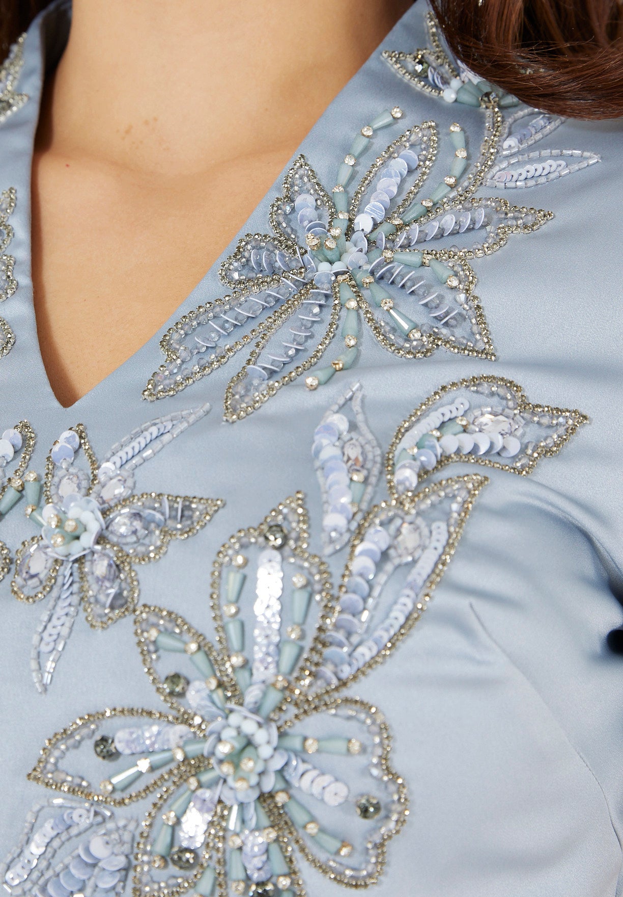 Floral Motif Embellished Satin Dress