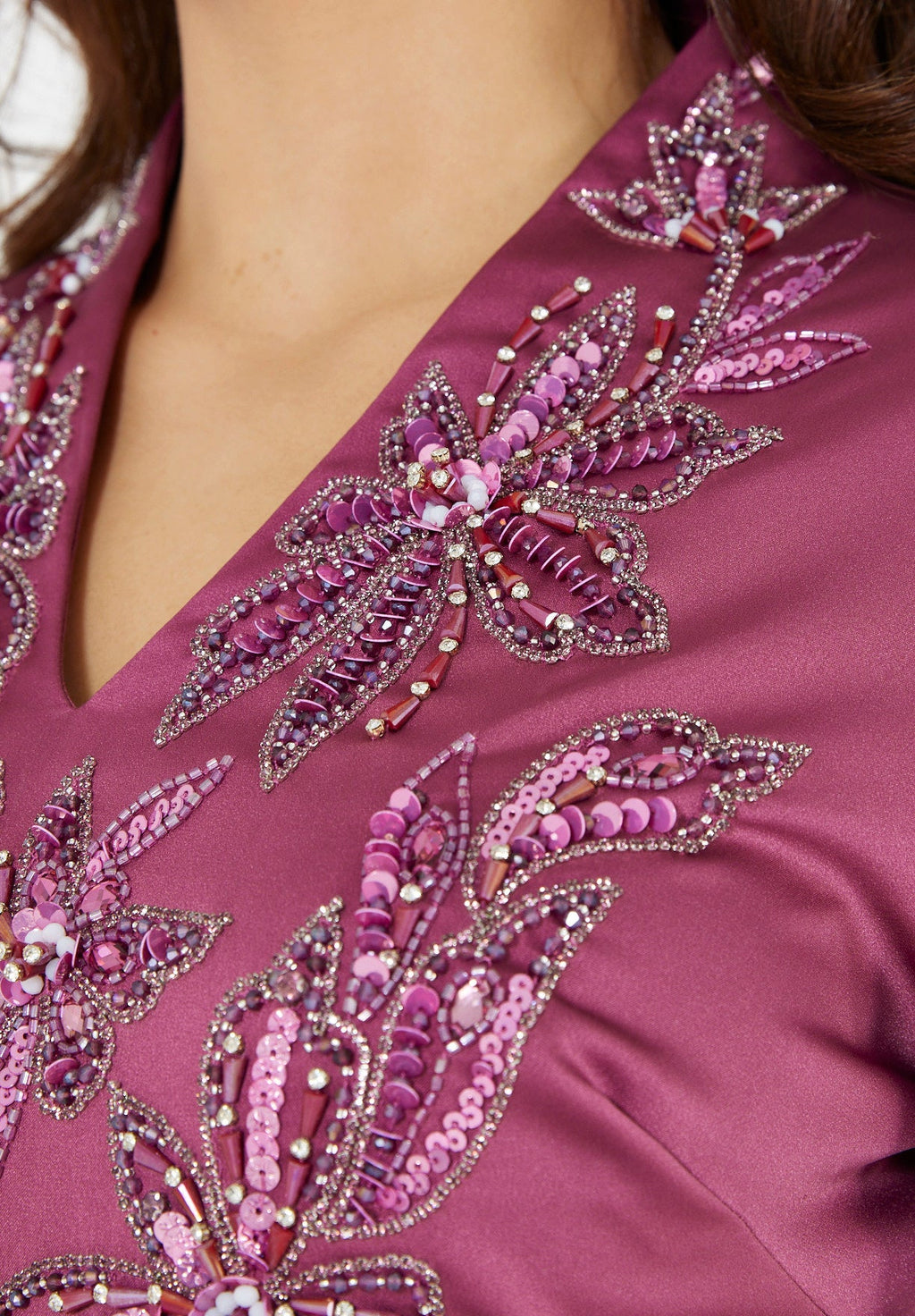 Floral Motif Embellished Satin Dress