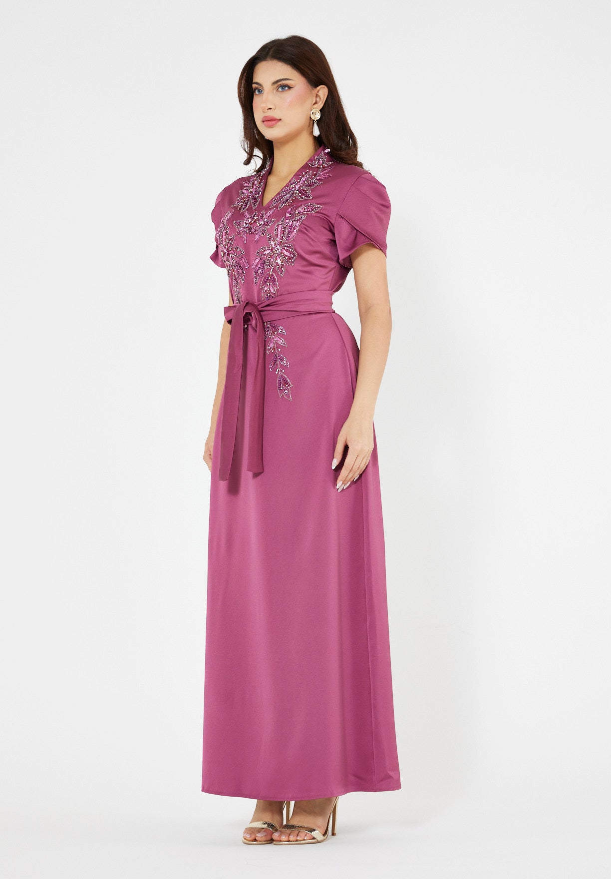 Floral Motif Embellished Satin Dress