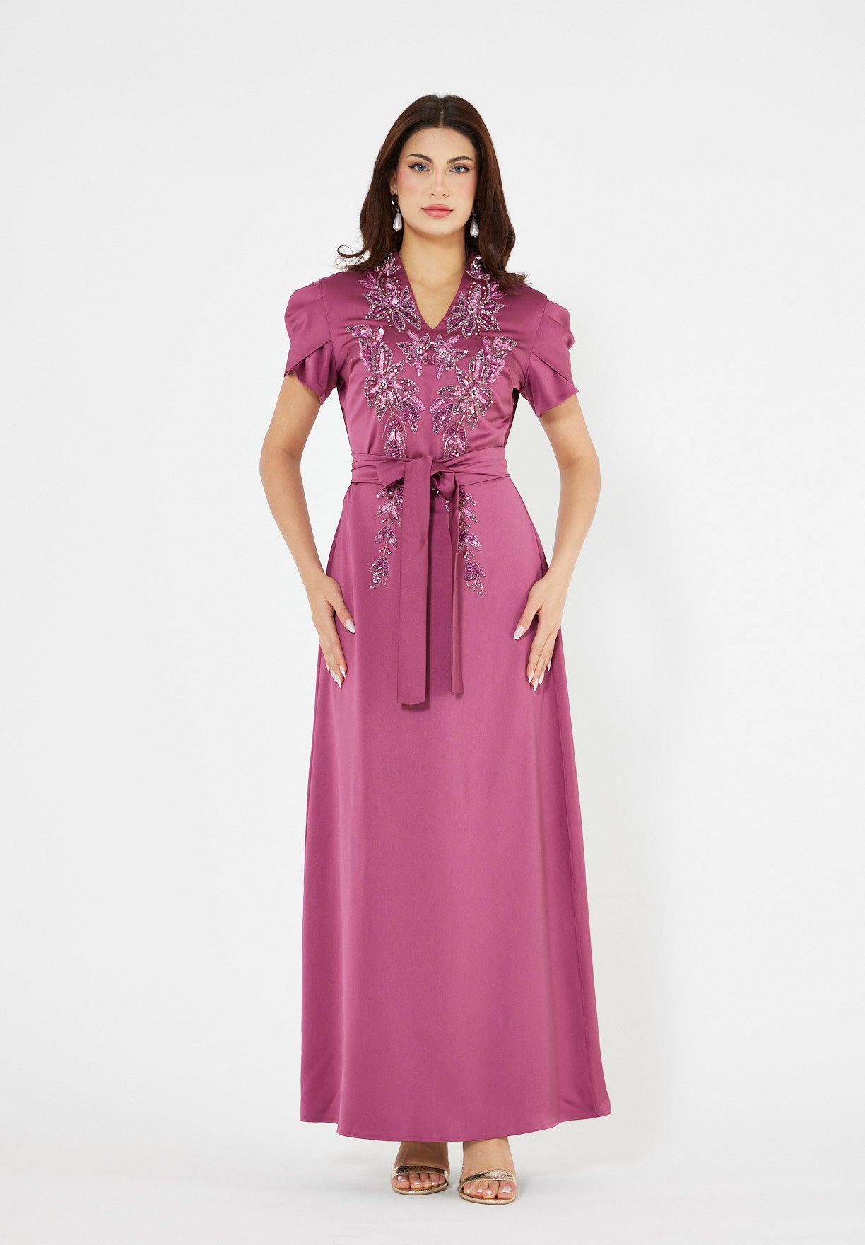 Floral Motif Embellished Satin Dress