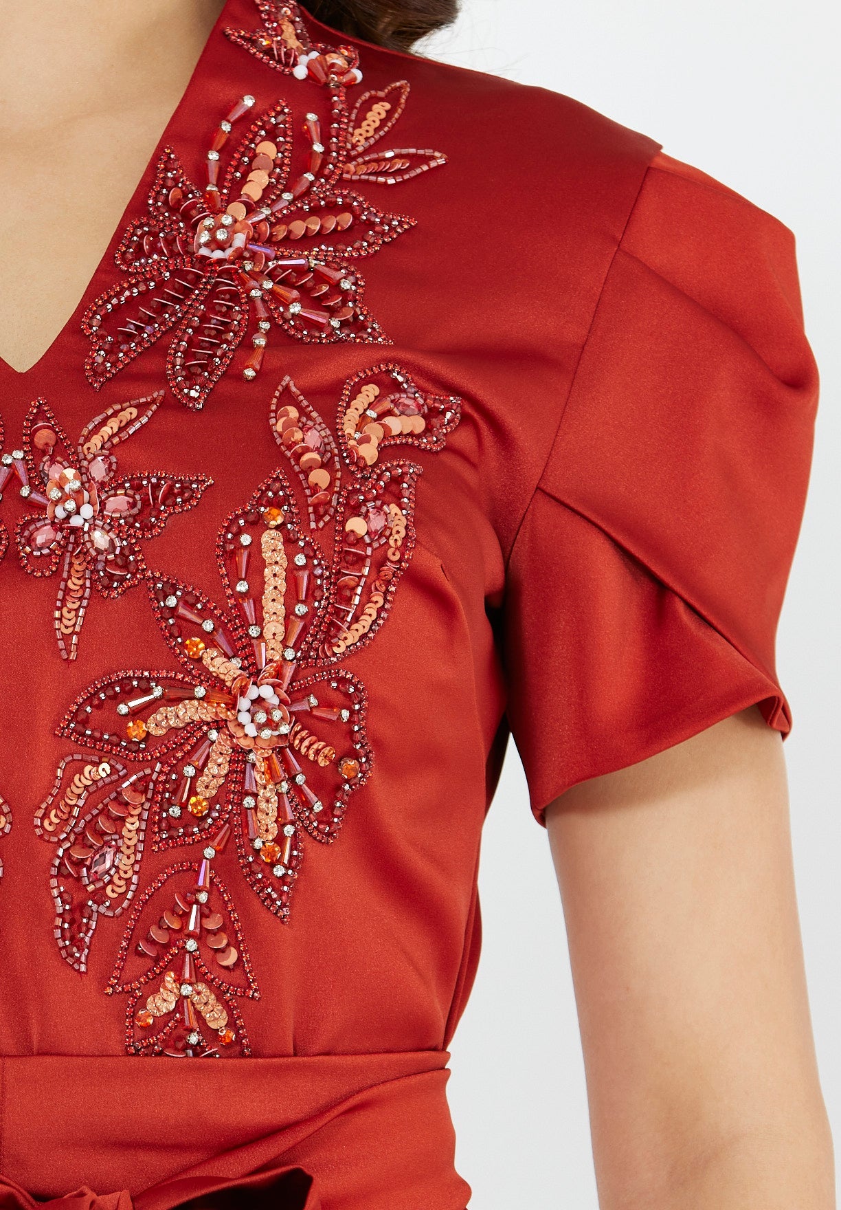 Floral Motif Embellished Satin Dress