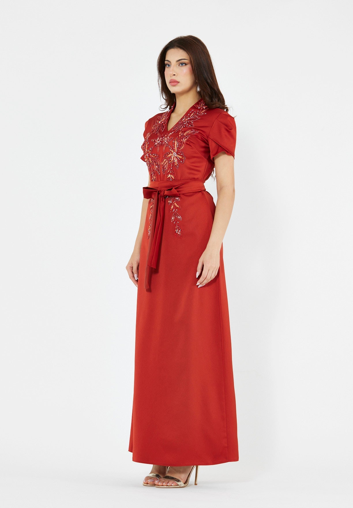 Floral Motif Embellished Satin Dress