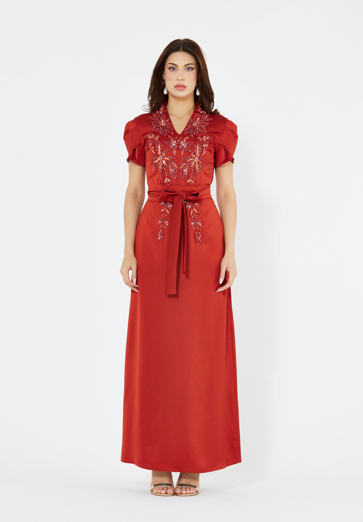 Floral Motif Embellished Satin Dress