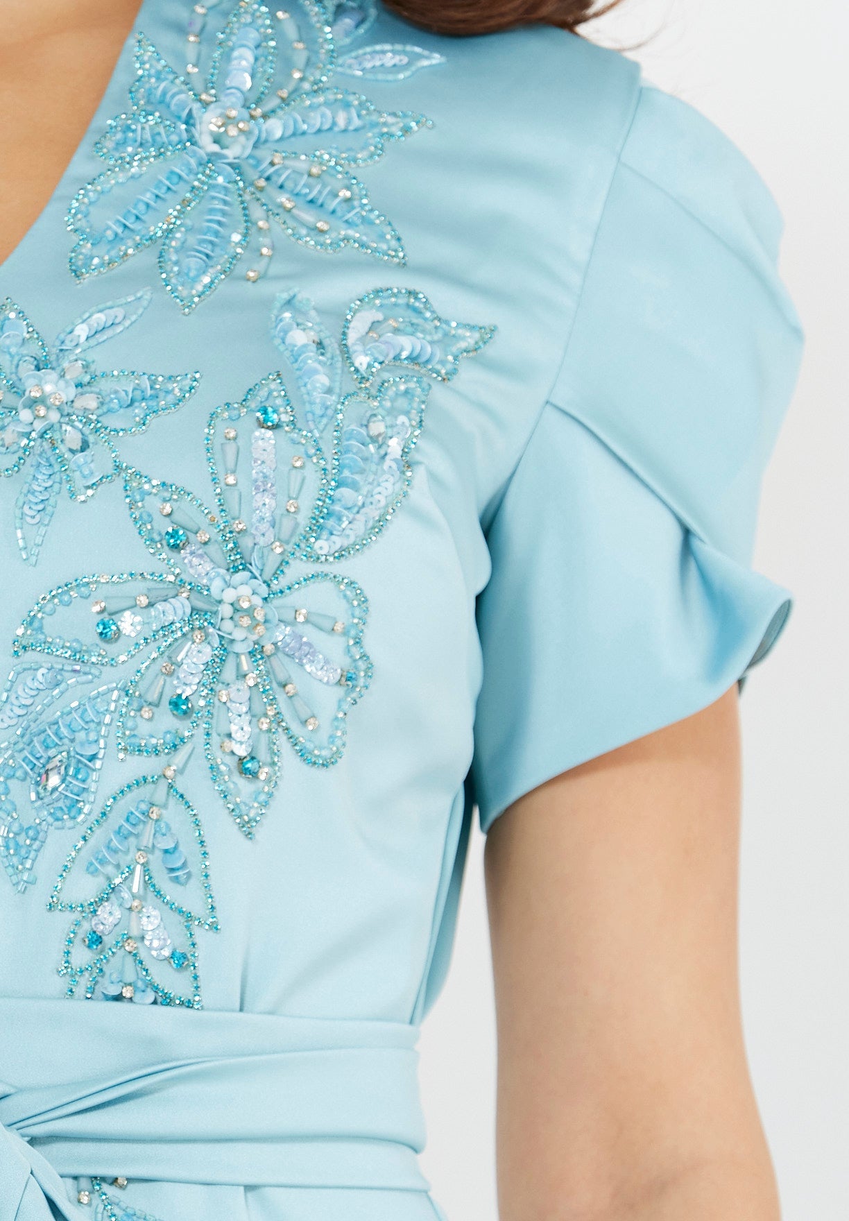 Floral Motif Embellished Satin Dress