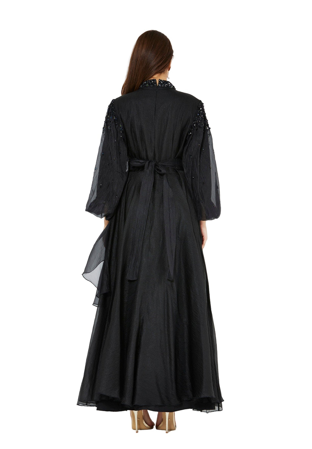 Bishop Sleeves Embellished Organza Gown with Pleats