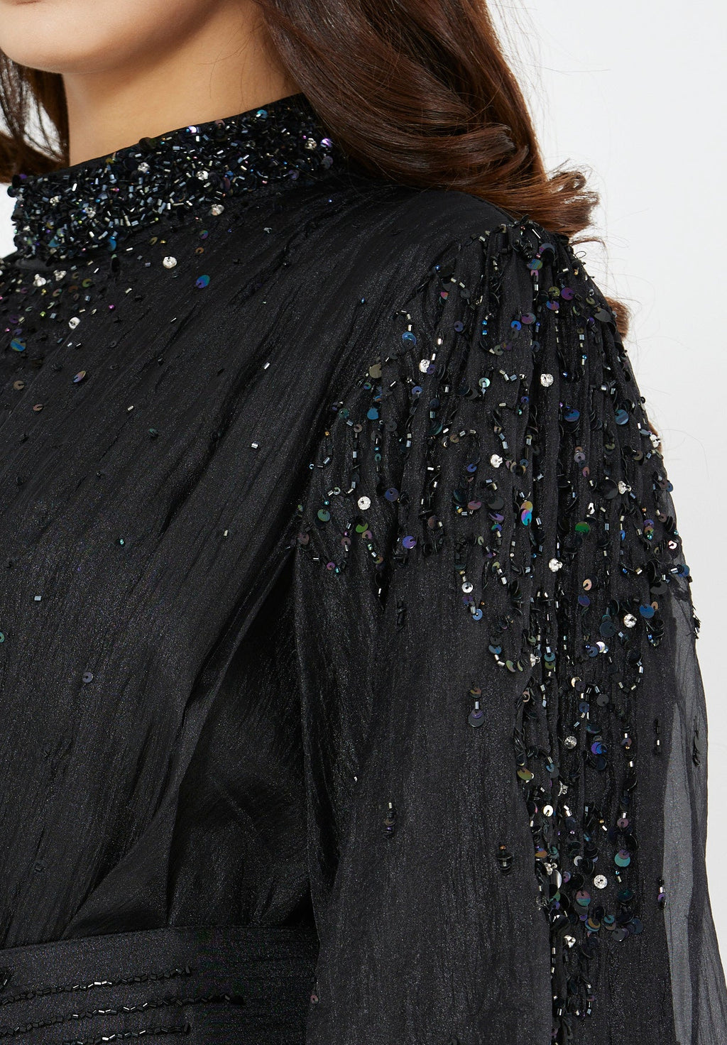 Bishop Sleeves Embellished Organza Gown with Pleats