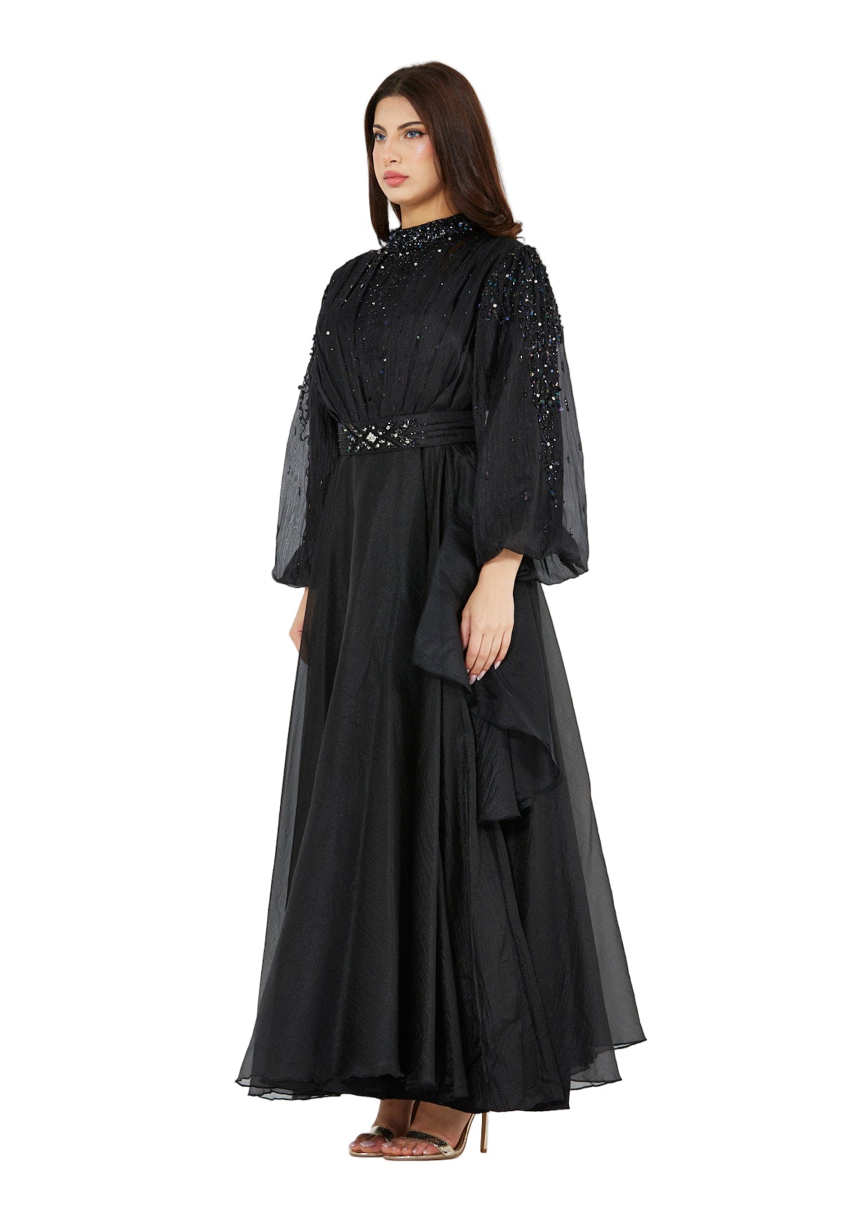 Bishop Sleeves Embellished Organza Gown with Pleats