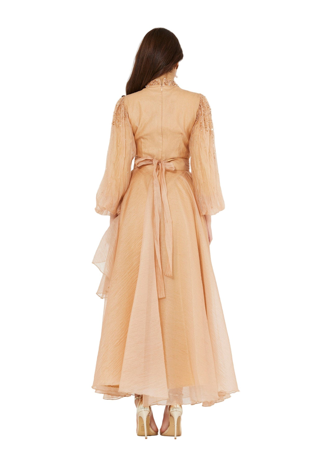 Bishop Sleeves Embellished Organza Gown with Pleats