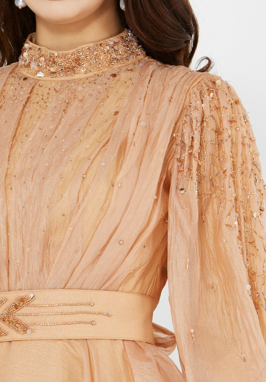 Bishop Sleeves Embellished Organza Gown with Pleats