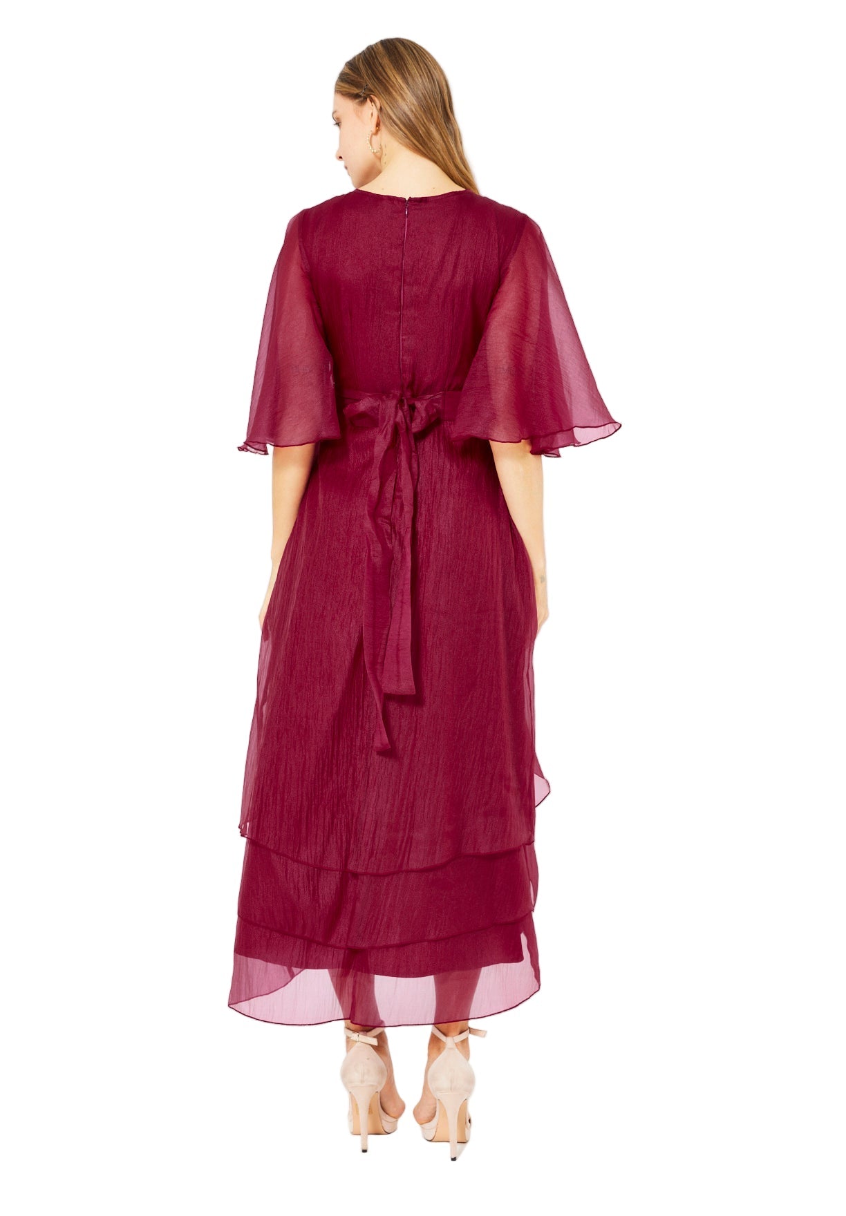 Flutter Sleeves Embellished Layered Midi Dress in Crinkle Organza