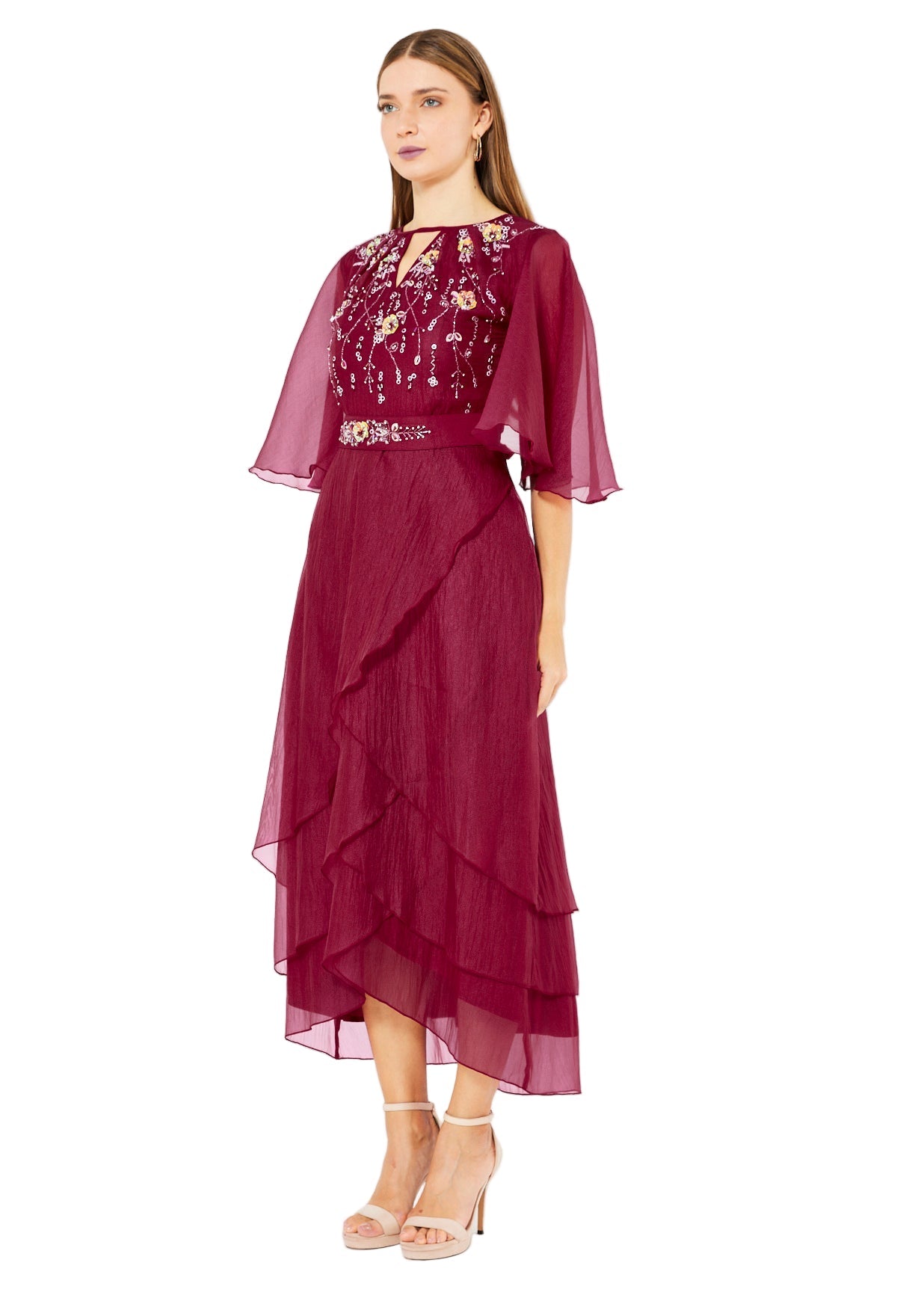 Flutter Sleeves Embellished Layered Midi Dress in Crinkle Organza