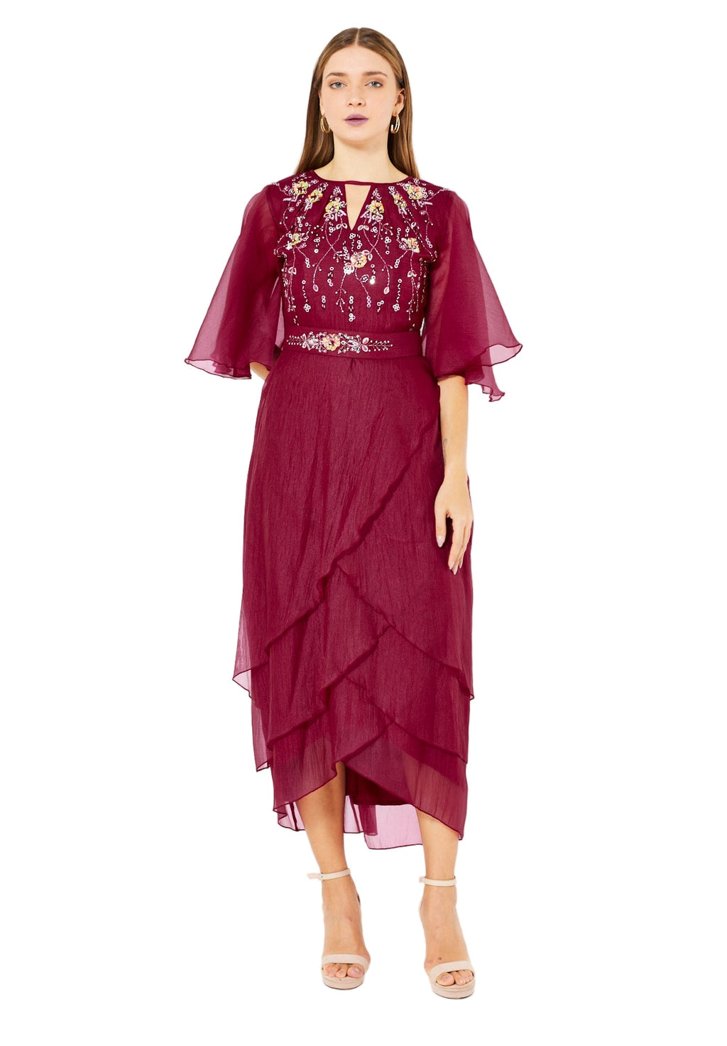 Flutter Sleeves Embellished Layered Midi Dress in Crinkle Organza