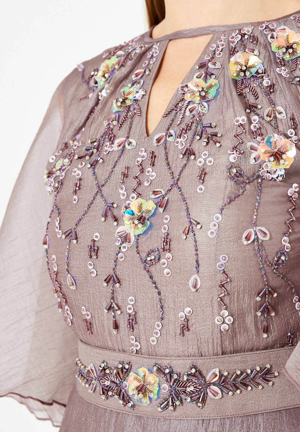 Flutter Sleeves Embellished Layered Midi Dress in Crinkle Organza