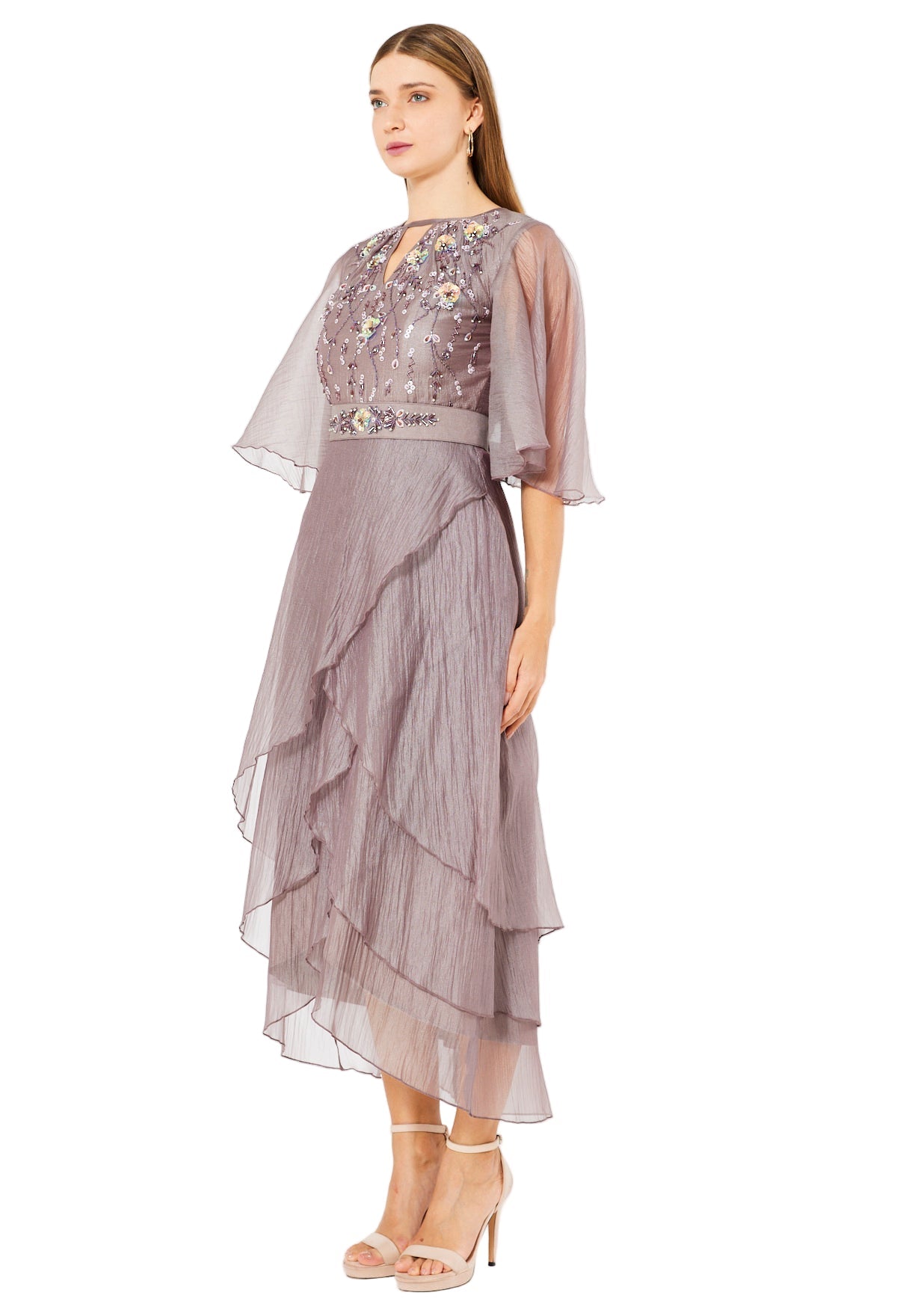 Flutter Sleeves Embellished Layered Midi Dress in Crinkle Organza
