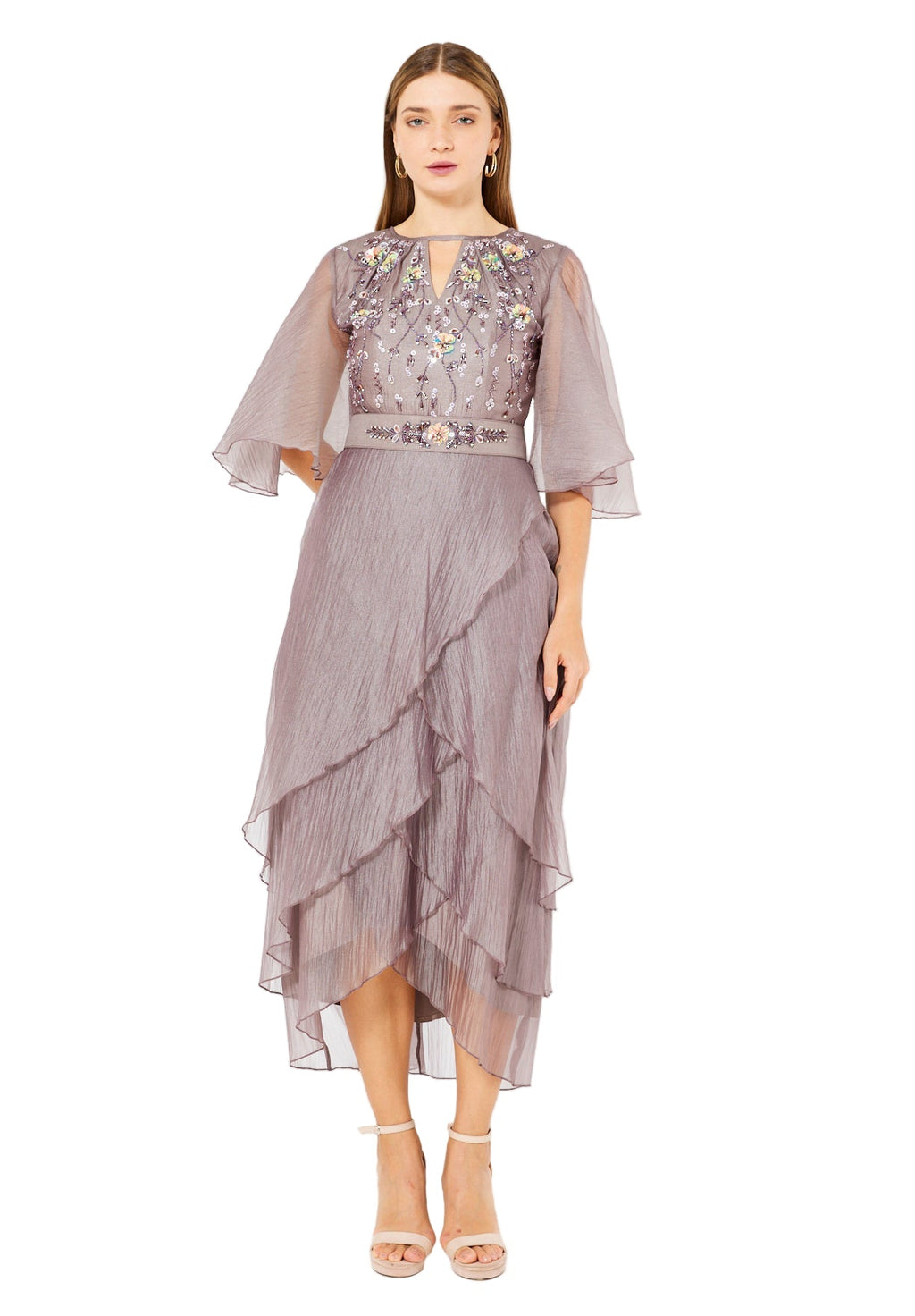 Flutter Sleeves Embellished Layered Midi Dress in Crinkle Organza