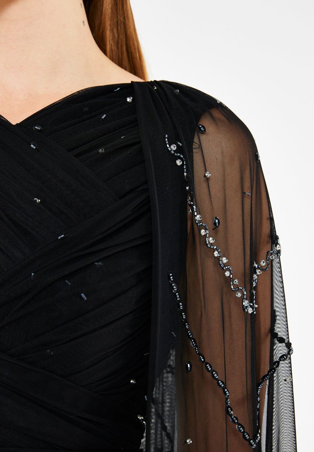 Ethereal Tulle Gown with Embellished Cape Sleeves