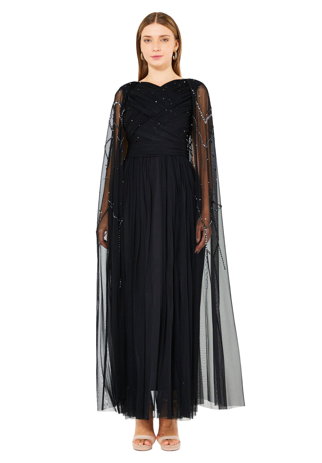 Ethereal Tulle Gown with Embellished Cape Sleeves