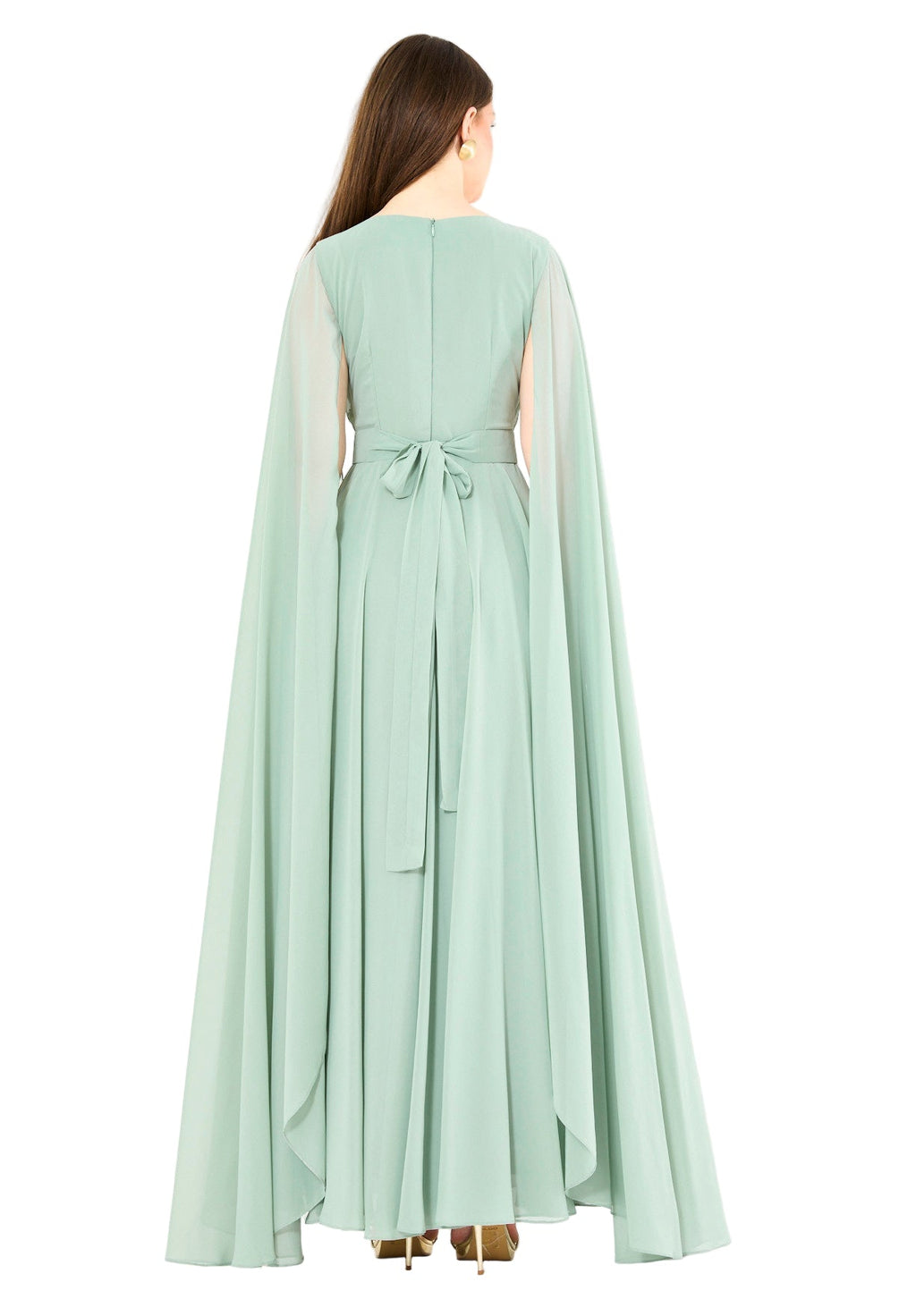 Wrap-Style Layered Chiffon Embellished Gown with Cape Sleeves