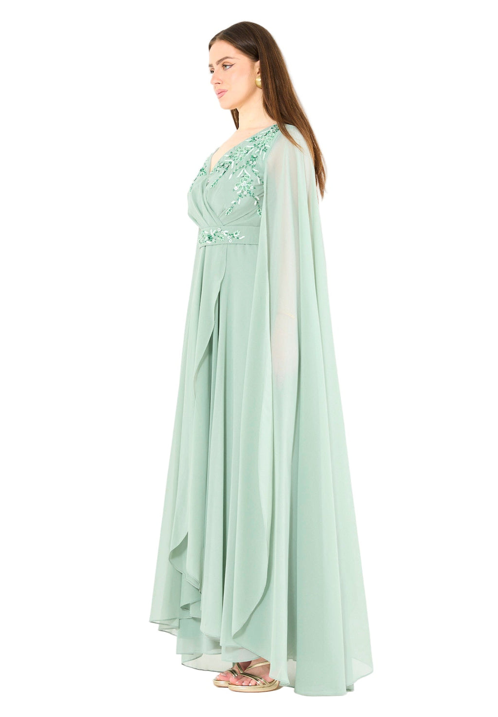 Wrap-Style Layered Chiffon Embellished Gown with Cape Sleeves