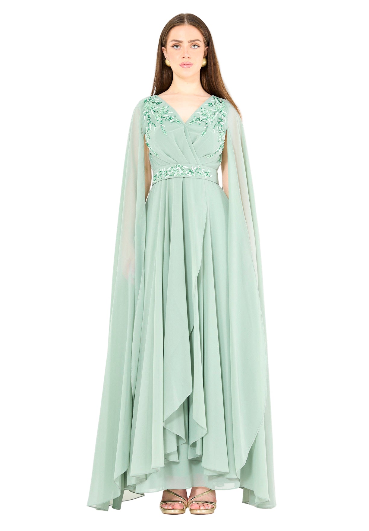 Wrap-Style Layered Chiffon Embellished Gown with Cape Sleeves