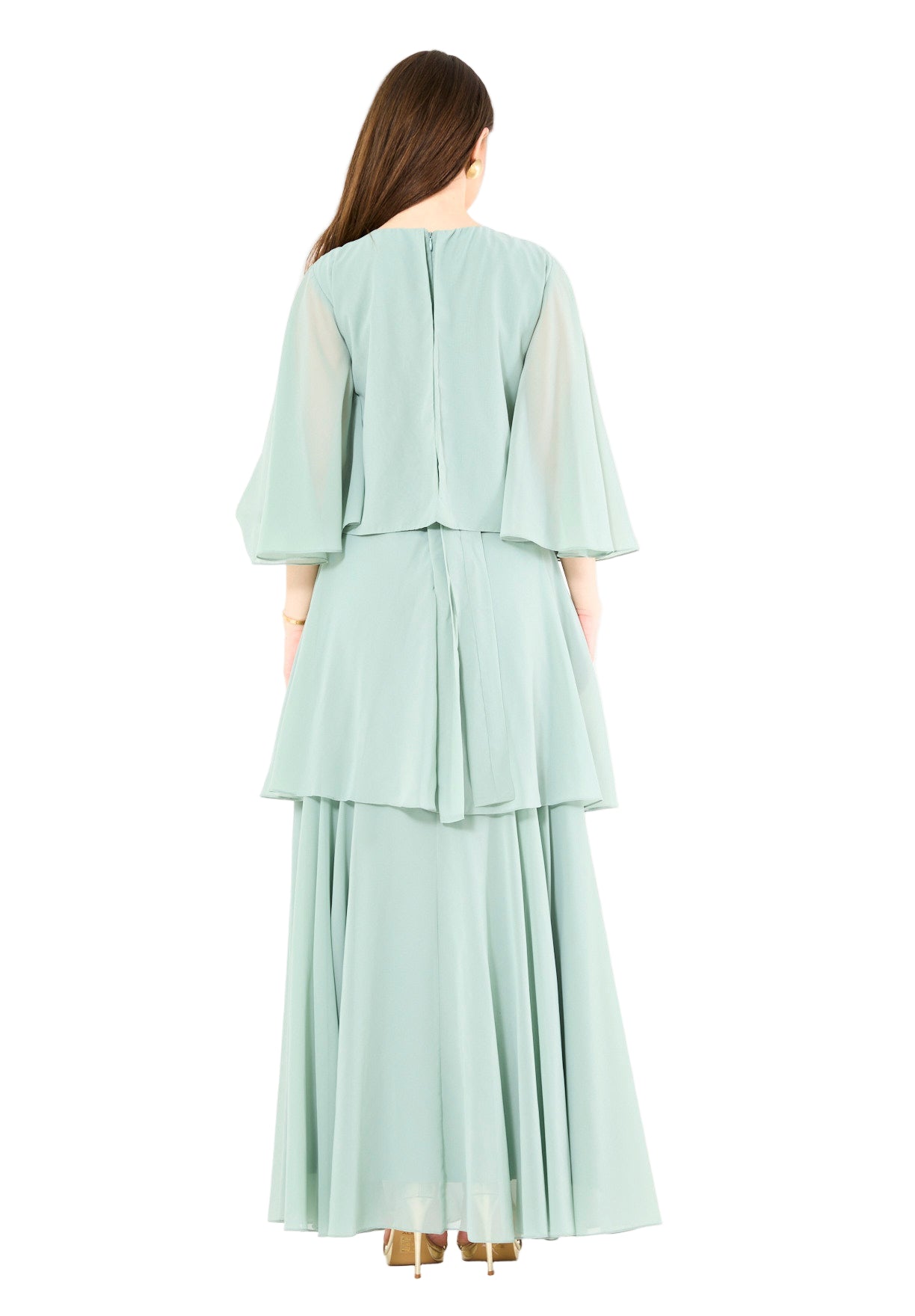 Embellished Layered Gown with Overlay Flared Sleeves