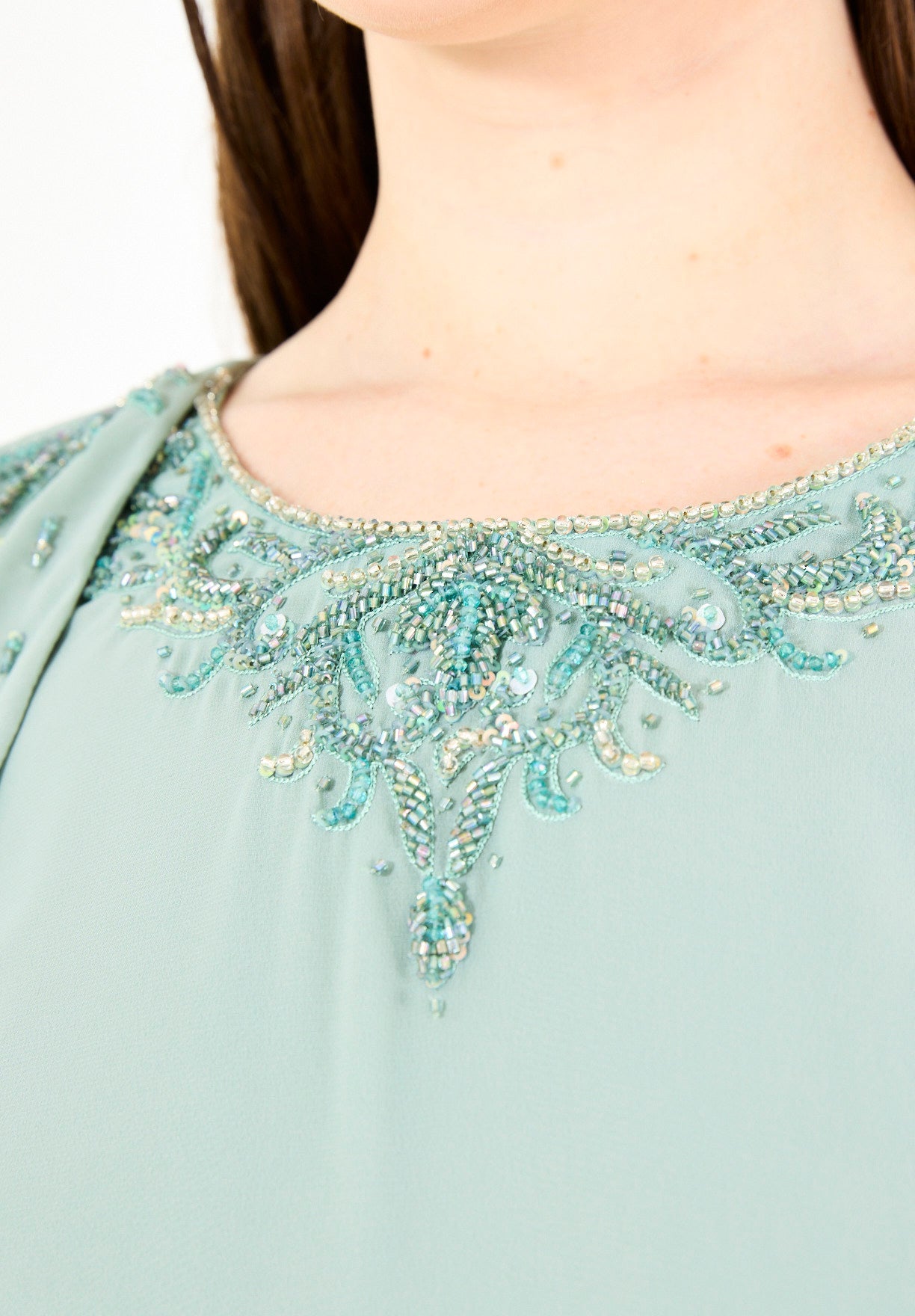 Embellished Layered Gown with Overlay Flared Sleeves